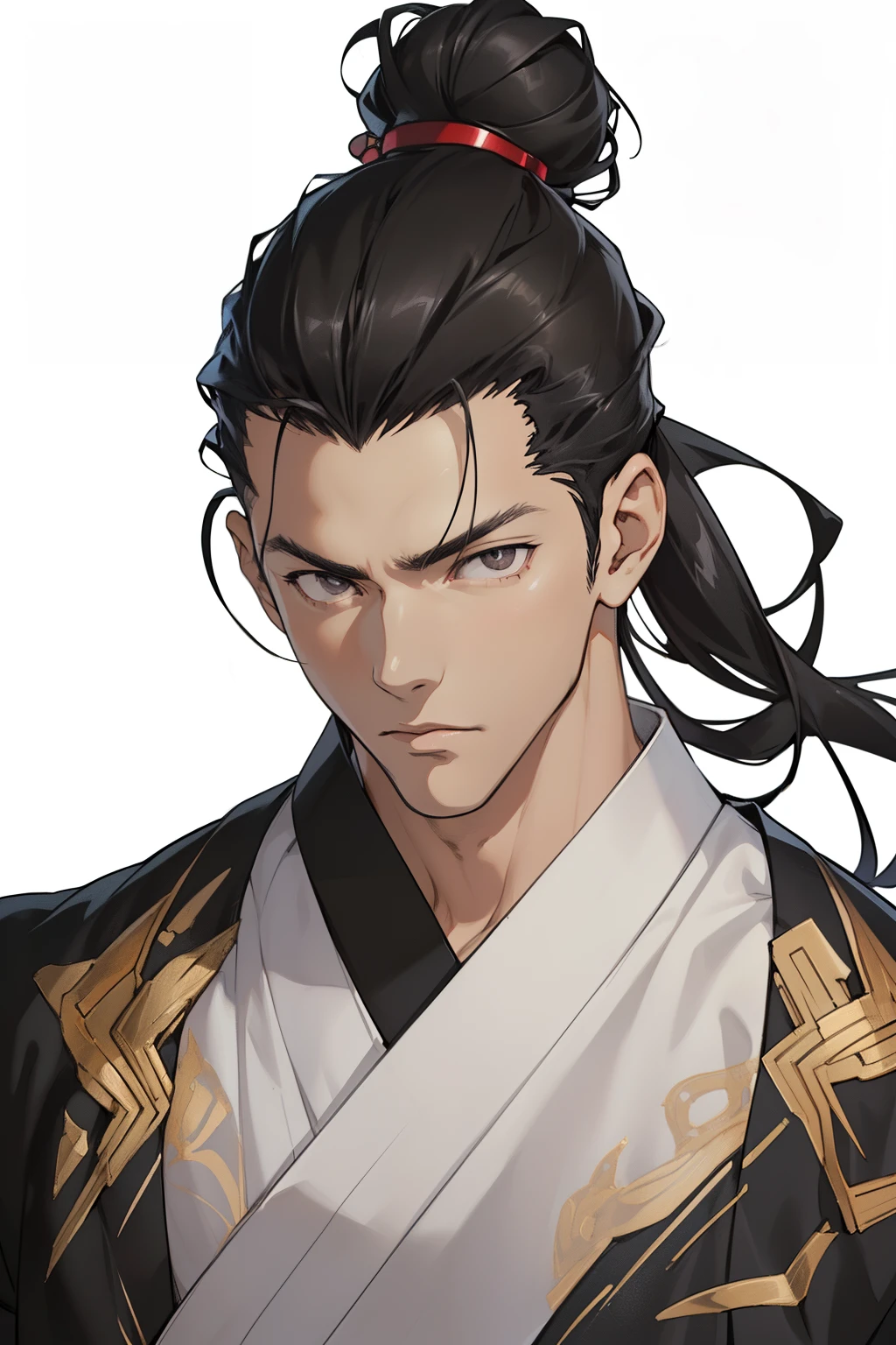 (POV), (from side:1.8), (tall, Lean Build, Perfect Anatomy), (((Man's:2.0, man:2.0, manly:2.0, Handsome:2.0, Ikemen:2.0, Cool, Beautiful Boys, Adult, Male Focus:2.0))), muscular:1.2, Mature, Aesthetic, Square face, square jaw,(monolids:1.4), (((ultra narrow slit eyes))), (Ultra detailed black eyes), black eyes in Highlights , (Eye-catching lighting:1.1), (Specular Highlight Eye:1.1), full, (White background:1.5), (anime image, art cg:1.4), (Ultra-detailed:1.3), masutepiece, Best Quality, Illustration, particle lighting, Unity 8k壁纸, Beautiful detailed glow, extremely delicate and beautiful, gleaming skin, (Black hair:1.2), (slicked back hair:1.2), (Small top knot), Shiny hair, (Rich and delicate black kimonos:1.2)