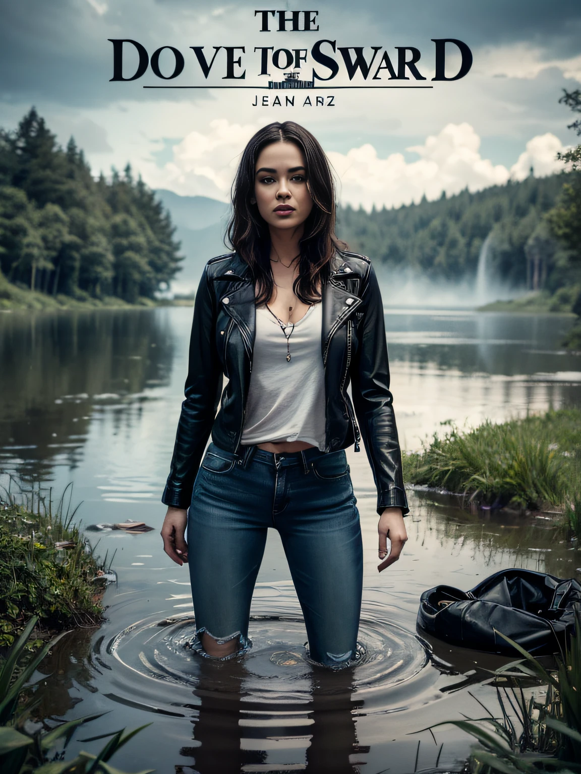 Advertising poster, The woman, drowning in a swamp, Jeans, leather jacket, gloomy ecstasy