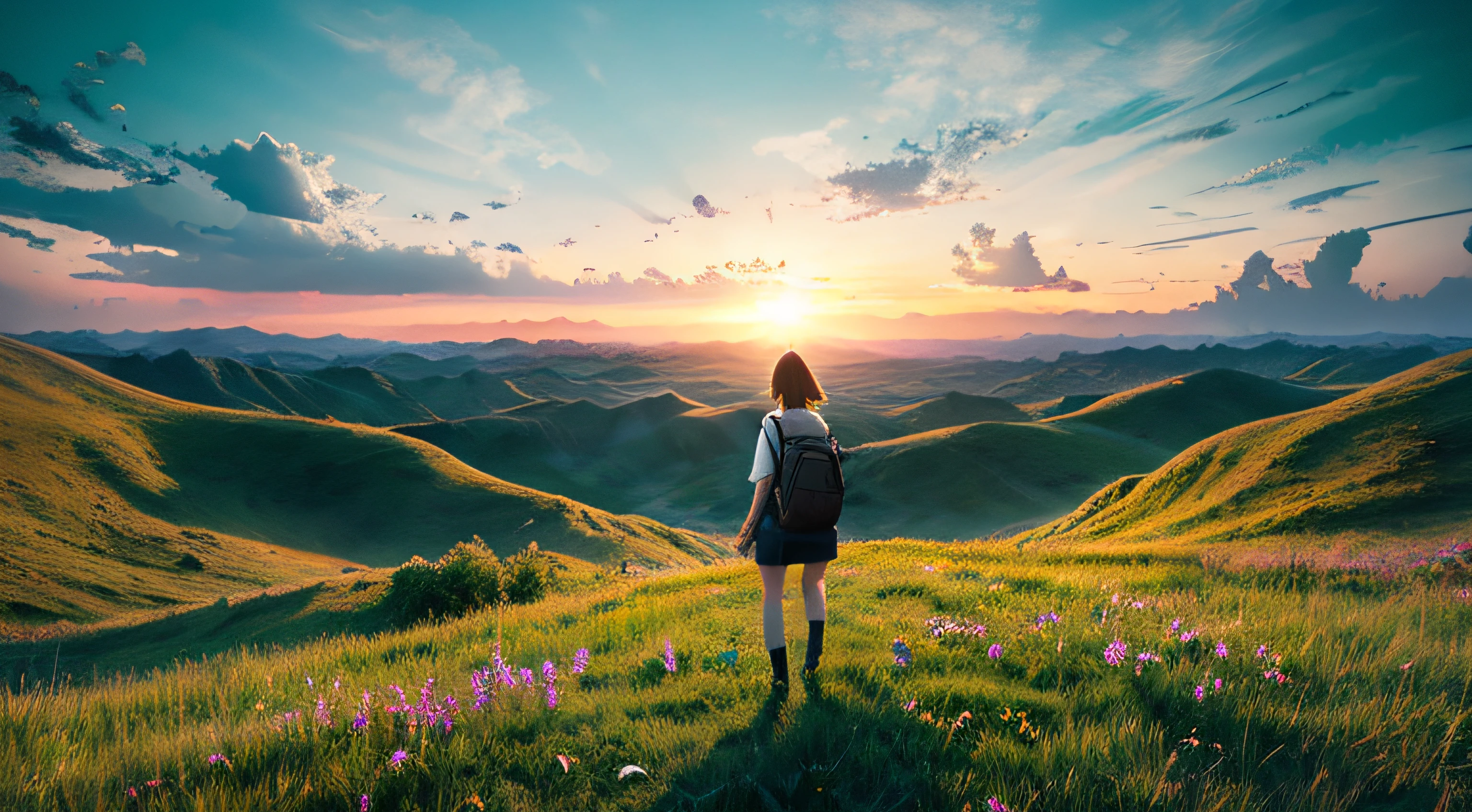The vast sky, beautiful skyline, large grasslands, extremely tense and dramatic pictures, moving visual effects, the high-hanging Polaris, and colorful natural light. Long-sleeved top, denim shorts, and a girl with a backpack.