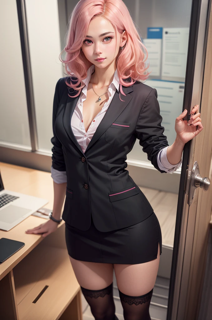 (Irina Shayk:Evangeline Lilly) Woman with pink hair, black executive suit, looking forward, long hair, sweet look, blue eyes, pink eyeshadow, inside an office. (Nsfw)