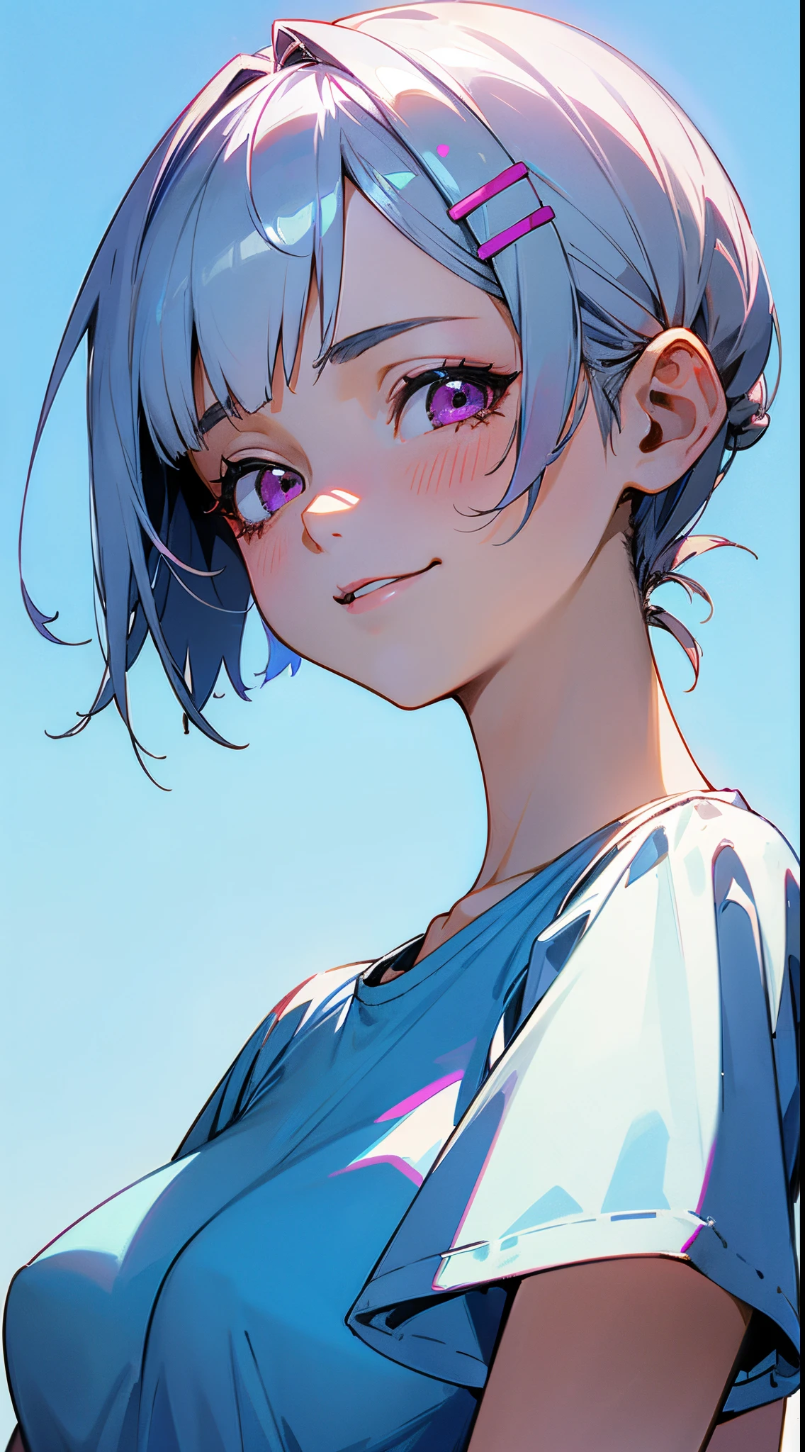 17 years old girl, Short hair with silver bob styled in a bun with hair clip, Pink eyes、small tits、Sky blue solid color background, Pure blue background, Dark blue background, White T-shirt, Laugh, high-angle、portraitures