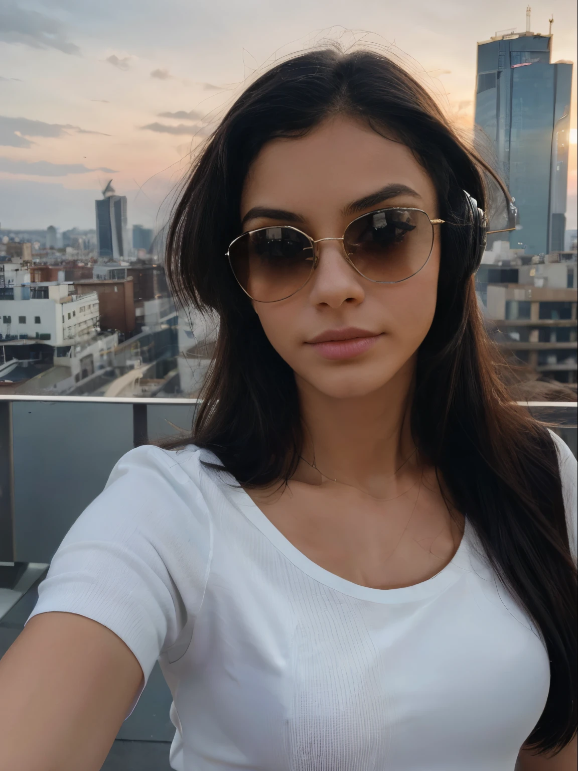 Sally-Anne, ((Selfie de la parte superior del cuerpo, feliz)), outdoors, sunglasses, headphones, city, cityscape, building, landscape, skyscraper, city lights, architecture, bridge, rooftop, sky, cloud, skyline, cordoba argentina (La mejor calidad, hermosa foto de retrato RAW: 1.4), ((18yr old: 1.5)), (selfie con iphone: 1.4), cara hermosa y deslumbrante, incredibly pretty, (Piel natural detallada:1.1), (cabello largo y ondulado:1.4), [:(Cara detallada:1.2):0.2], 鎖骨, Thin and small breasts, (Cafeteria Fund: 1.5), (foco nítido: 1.6), Soft lighting, 85mm f22, Altamente detallado, hiperrealista, natural, 8k