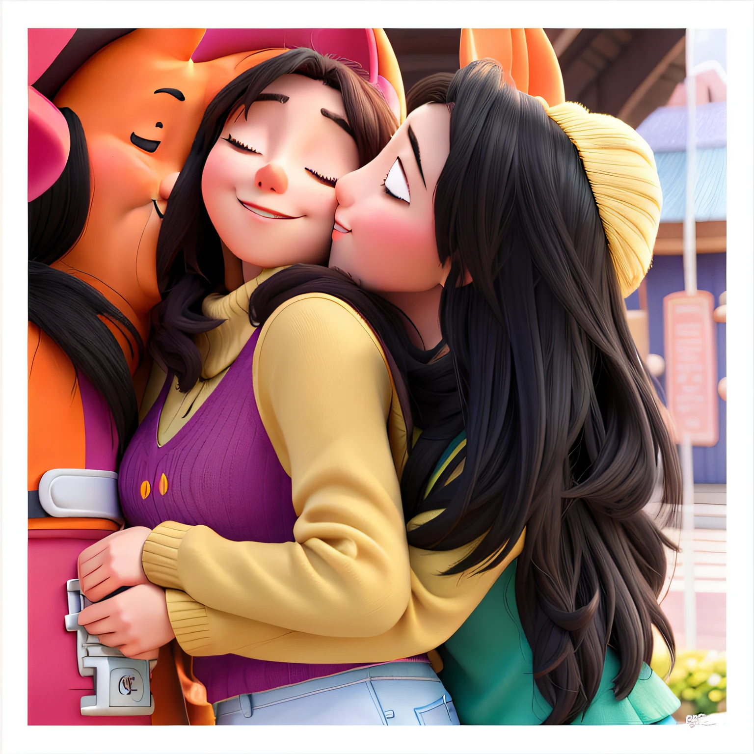 happy friends hugging at disney park