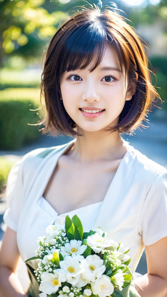 masutepiece, Best Quality, 8KUHD, 1girl in、wedding dress、church background、holding a bouquet of flowers in both hands、Happy smiling face、Ultra-detailed, finely detail, hight resolution, 8K picture quality, Perfect dynamic composition, Beautiful detailed eyes, Natural Lip,Strong eye power、extra very short hair, Abstract facial expressions、Raw photo