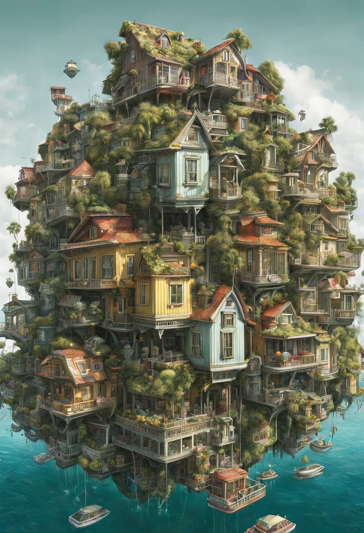 GhibliStyle stacked-houses on floating island, intricate details, by Laurie Lipton, Concept Art,colorfull, high_res,3d style,3d