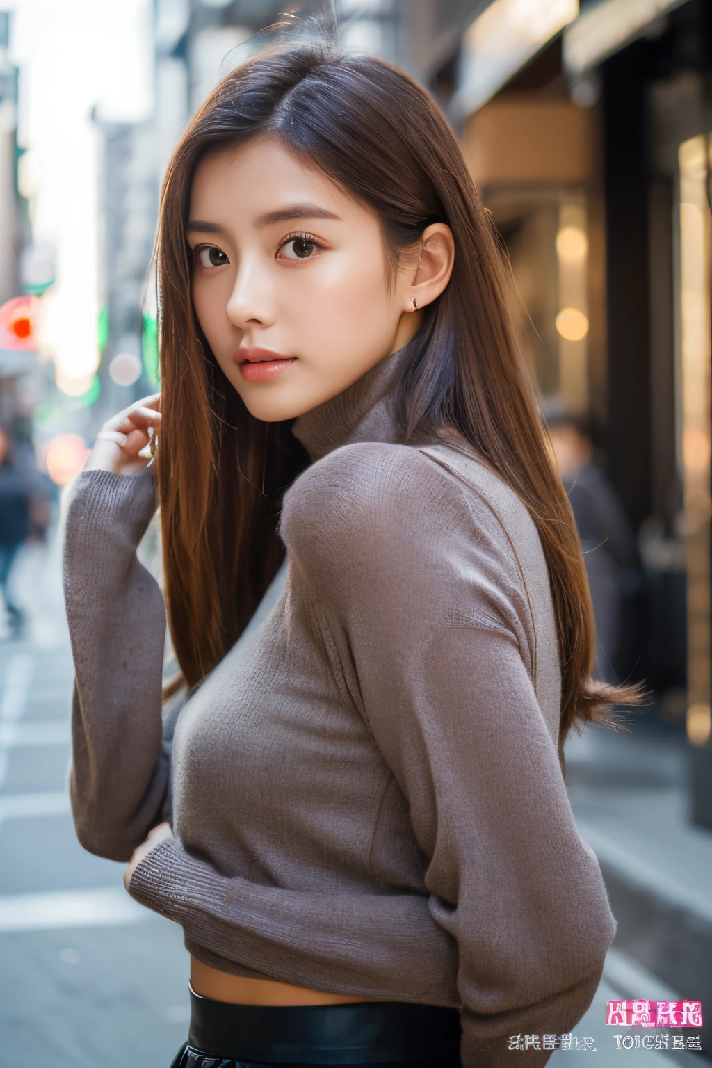 ((top-quality、in 8K、masterpiece:1.3))、foco nítido:1.2、Beautiful woman perfect body:1.4、Slim abs:1.2、((Longhaire、straight haired:1.2))、(Dark grey long sleeve turtleneck、tight skirts:1.1)、(Sateen、a street:1.2)、wetbody:1.5、Three-dimensional texture、A detailed eye、Brown hair、Very shiny hair、posterior view、Hair quality improvement
