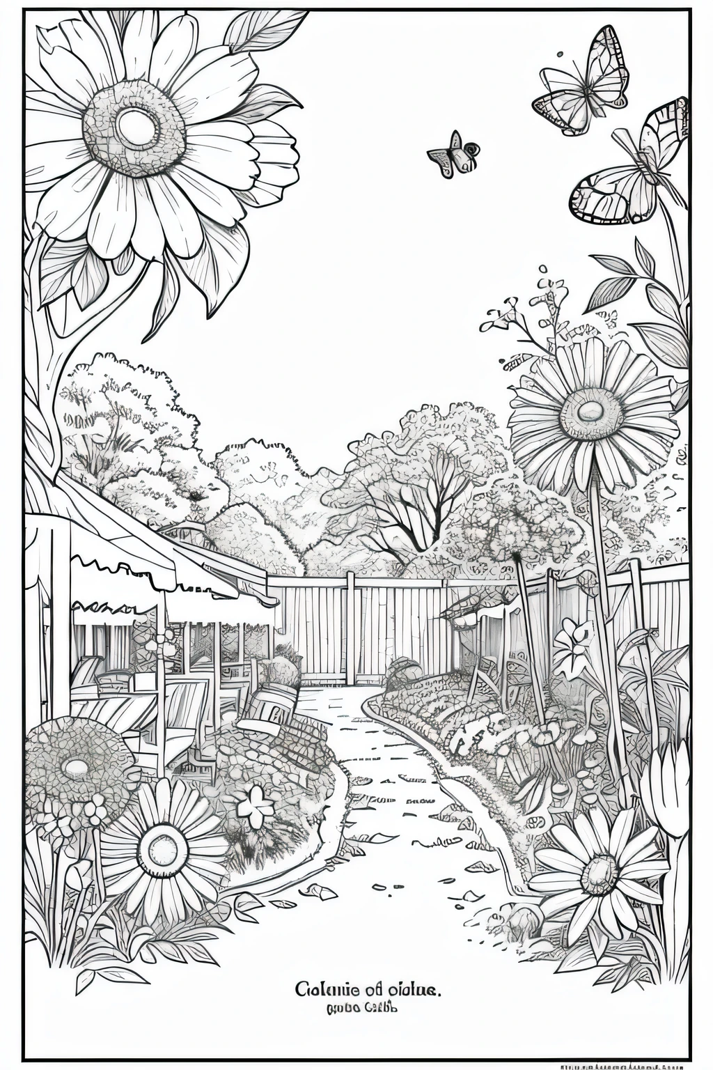 A Coloring book page with a cheerful garden full of blooming flowers, buzzing bees, and colorful butterflies for an adult.