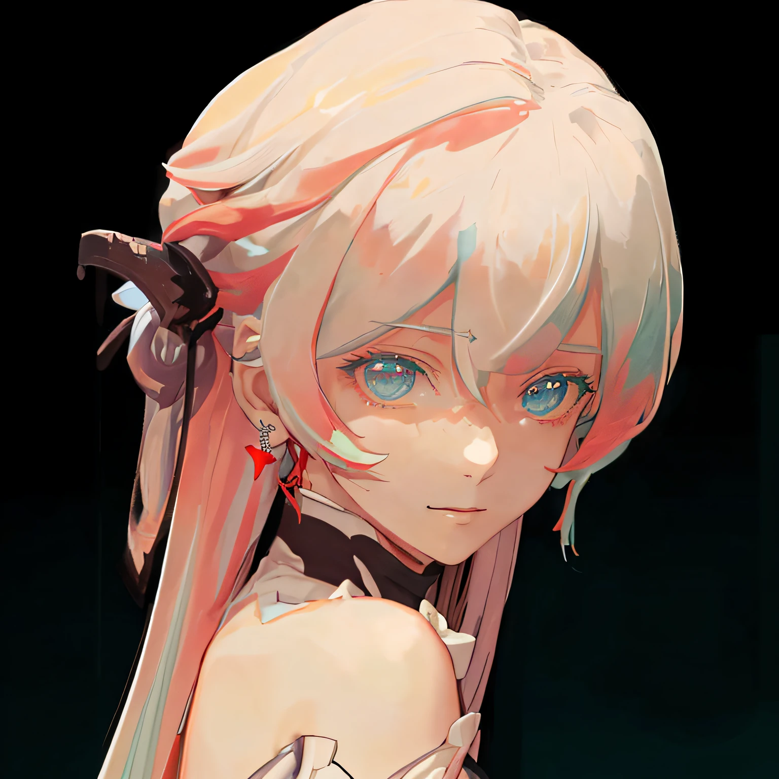 Pastel green hair、off shoulders、Formal white and red dress、Light blue eyes、swordsmen、Straight Long Hairstyles、ssmile、Detailed eyes、Highlights in the eyes