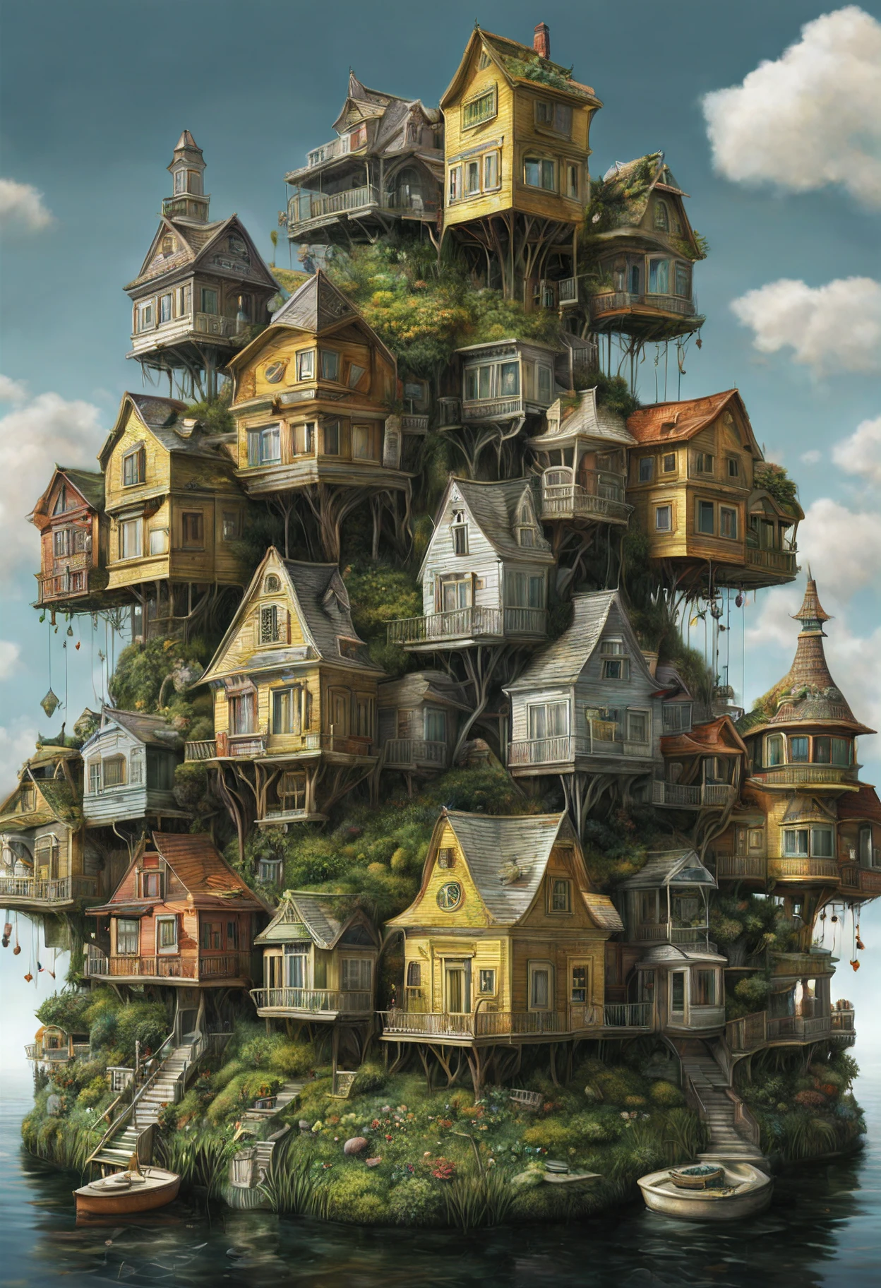 GhibliStyle stacked-houses on floating island, intricate details, by Laurie Lipton, Concept Art,colorfull, high_res,3d style,3d