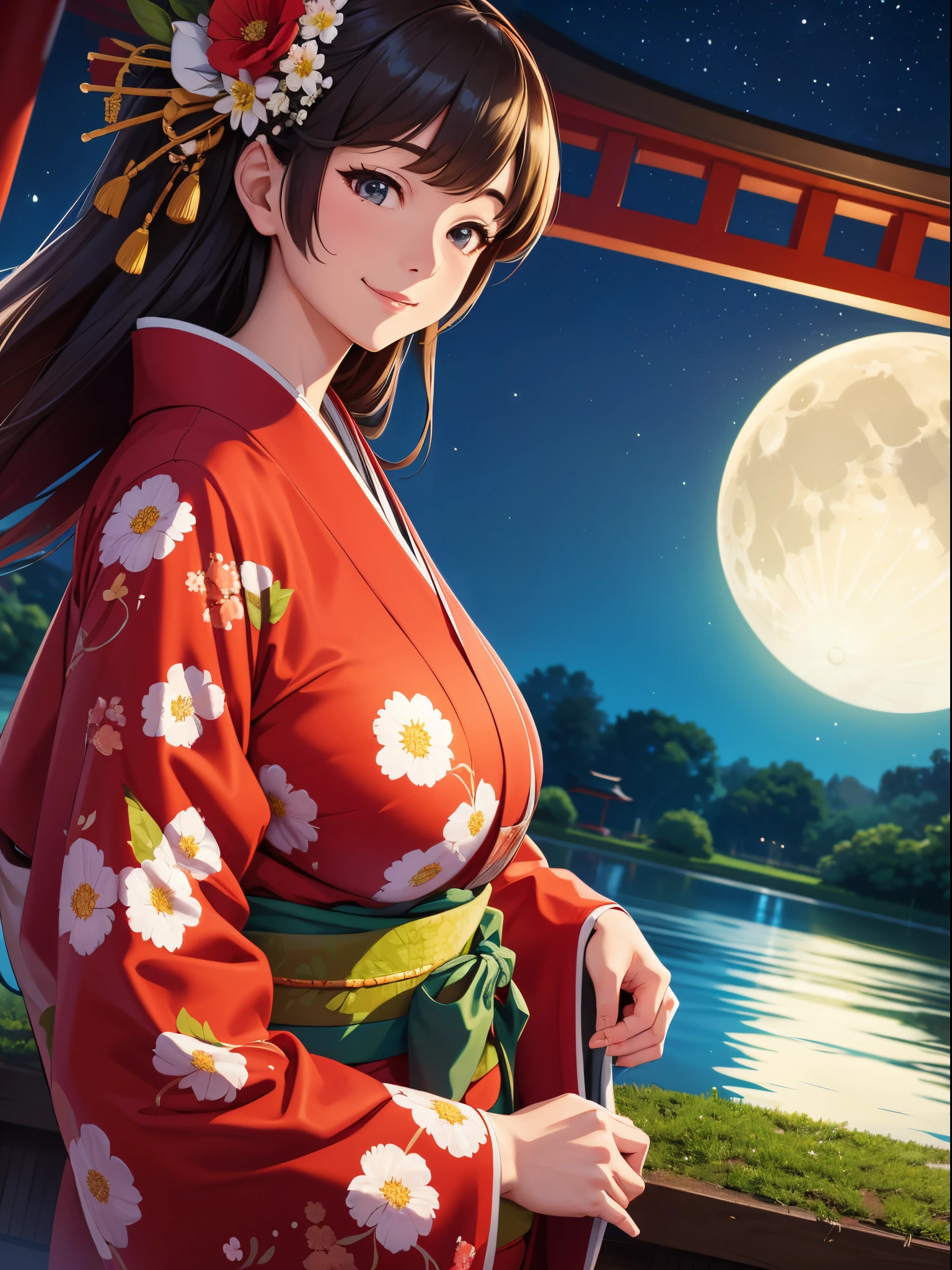 Best Quality, high_resolution, Distinct_image, Detailed background ,girl, japanese kimono,flower,garden,Moon, Night,Dutch Angle, Wide Shot, ,(huge bust:1.4)