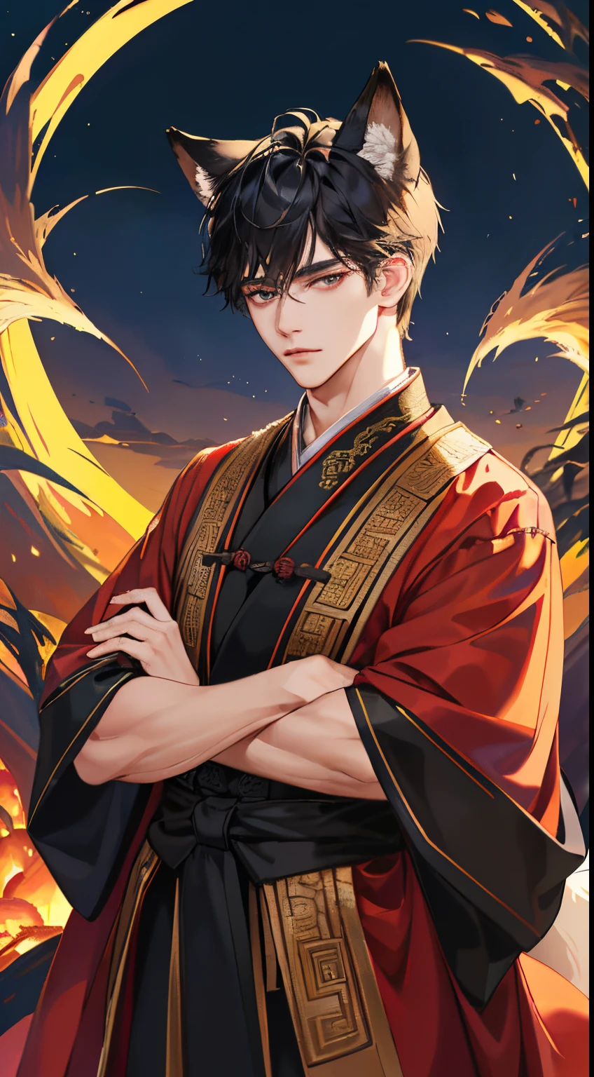 (Best Quality、8K,absurderes,highest grade,Portrait,Short hair, Very short hair,Piercing、Has fox ears and a tail、Ancient Chinese robes that dress delicate and beautiful men、Arms crossed、Dark fantasy world.....、dark autumn night background、Looking at the camera