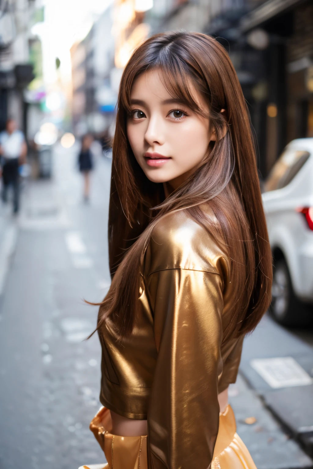 ((top-quality、in 8K、masterpiece:1.3))、foco nítido:1.2、Beautiful woman perfect body:1.4、Slim abs:1.2、((Longhaire、straight haired:1.2))、(Second-hand jackets、tight skirts:1.1)、(Sateen、a street:1.2)、wetbody:1.5、Three-dimensional texture、A detailed eye、Brown hair、Very shiny hair、posterior view、Hair quality improvement