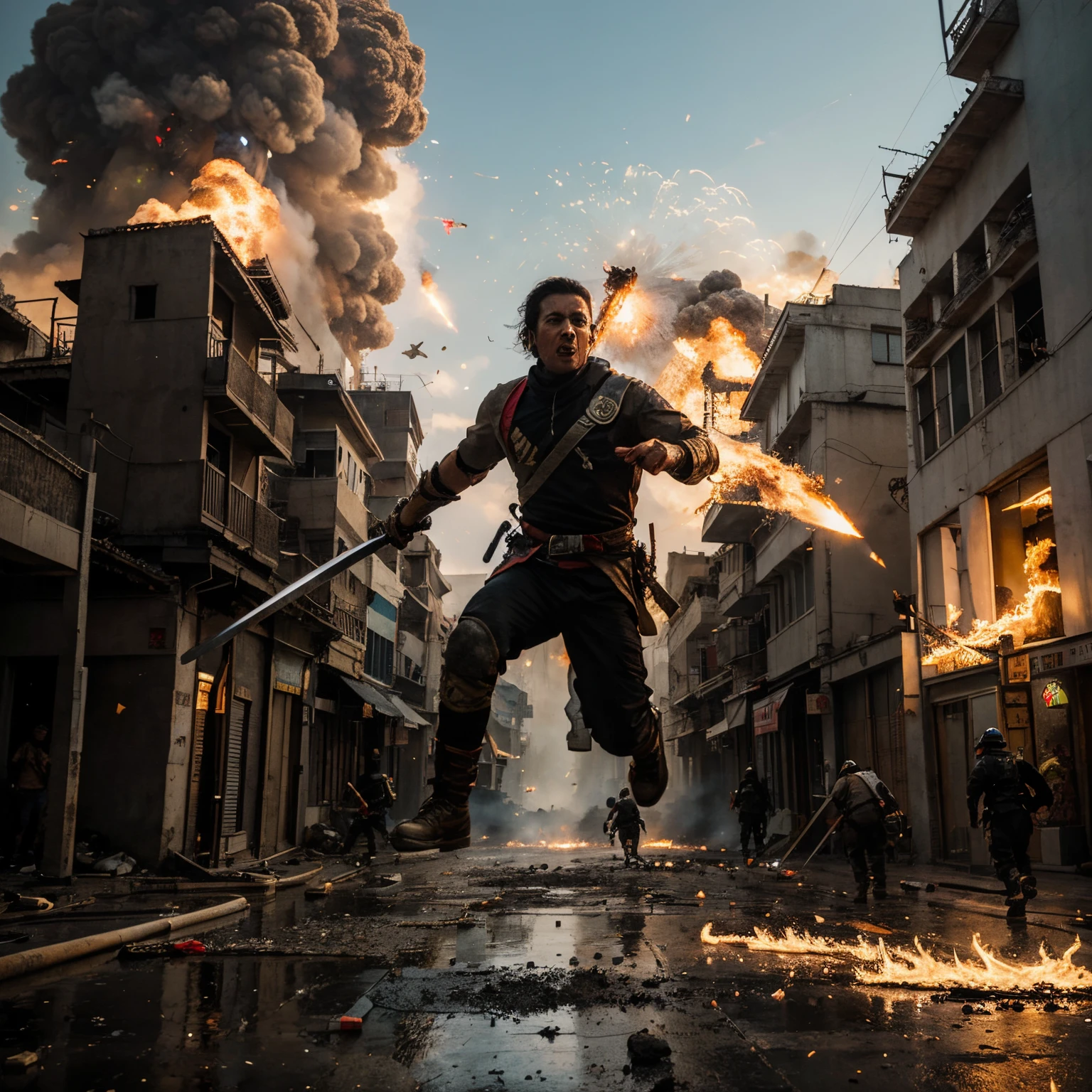 Man, boys, friend, People jump from building, explosions, fire, fun,, dusty, sword, dagger, running, java, asia