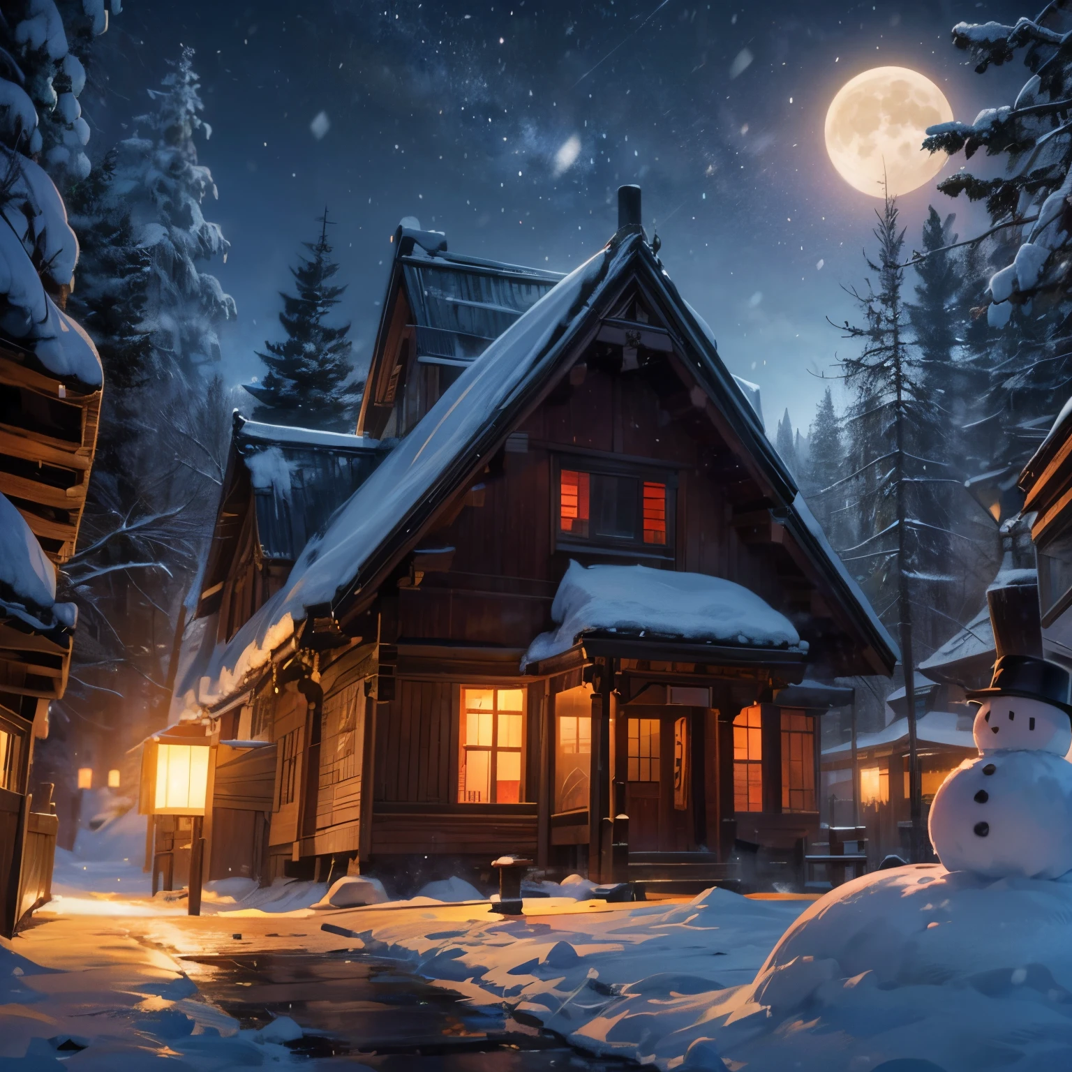 (8K, tall_settle),((Vivid image)),extremely detremely detailed CG,((Best quality at best)),detailedbackground,in a panoramic view,
pathway,yuki,themoon,ln the forest,Outdoor activities,yukito,(Fantasy tall wooden building in Chinese style),As estrelas,nevando,snow particles,
Girl head and snowman body,full bodyesbian,looking at viewert,