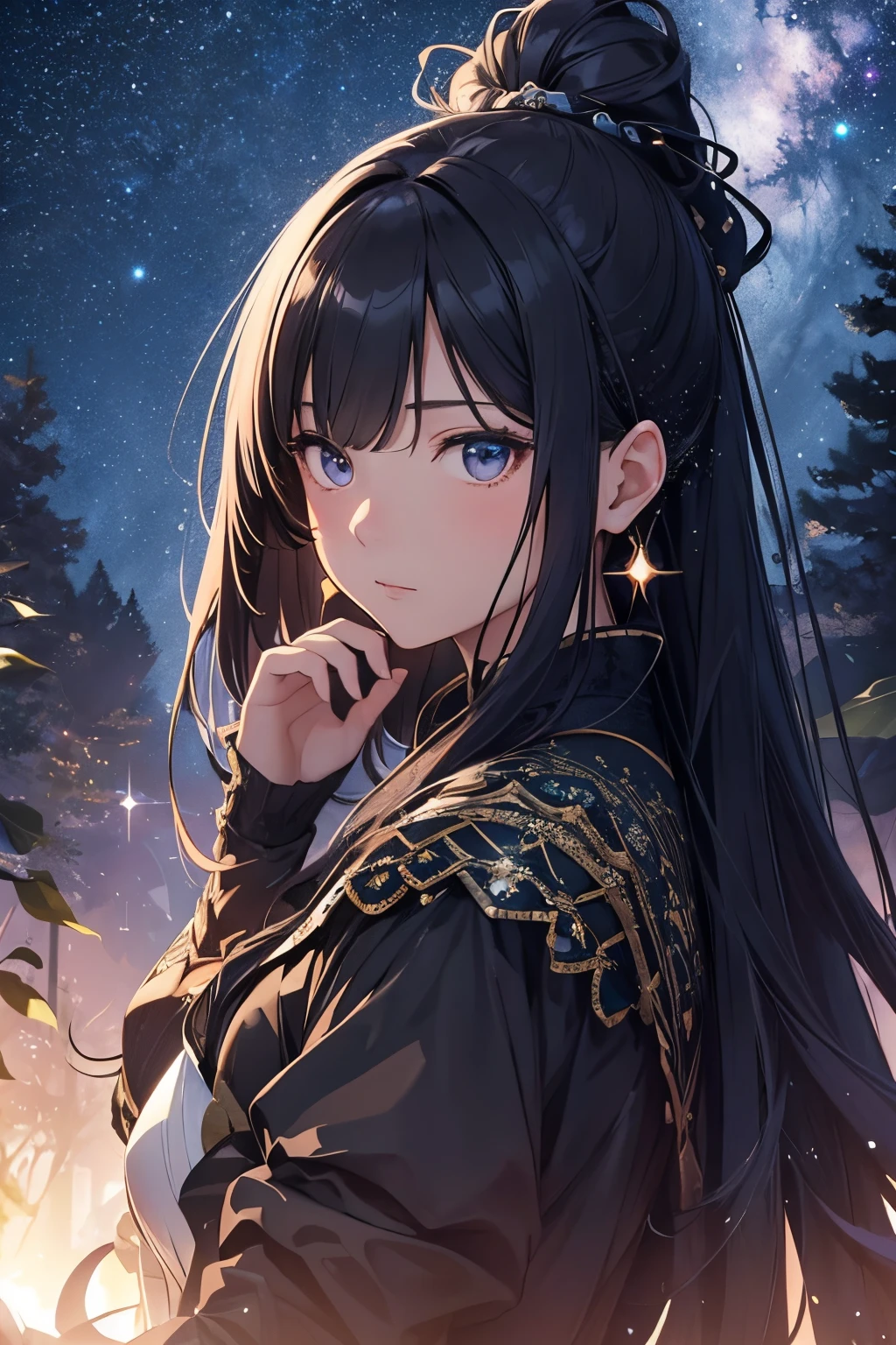 masterpiece、girl with((a beauty girl、high detailed dresses、has her hair tied up))、Background with((starrysky、Meteor swarm、black hole))、Huge fantastic tree、It's glowing.、plants、城市、heavy wind
