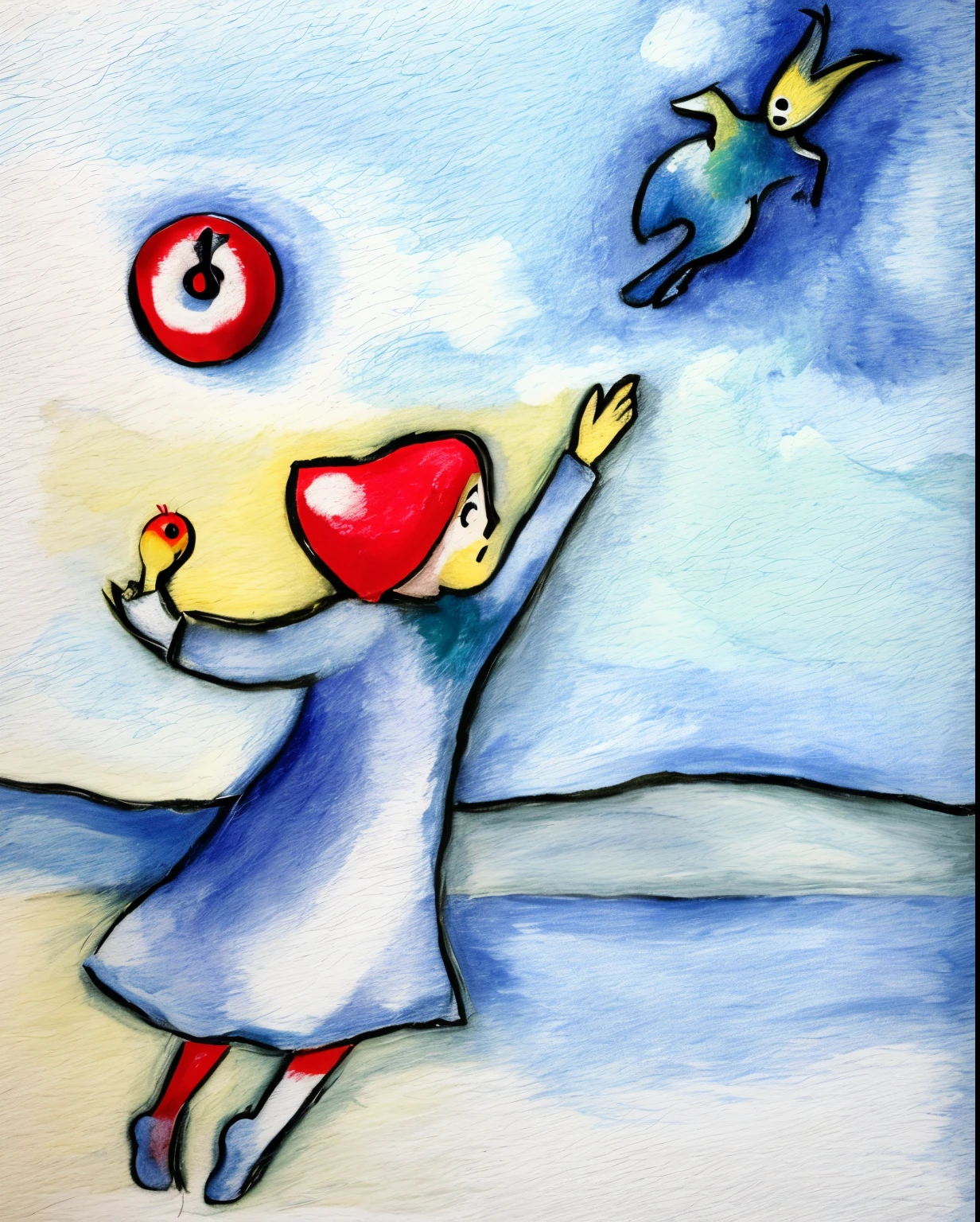 painting of a girl reaching out to catch a bird with a red apple, inspirado em Chagall, inspirado em Marcel Chagall, inspirado em Marcell Chagall, inspirado em Marc Chagall, Directed by: Zoe Mozert, A e o sol, arte caprichosa, Obra-prima da luz brilhante, inspirado em Marianne von Werefkin, Art for the Fool tarot card