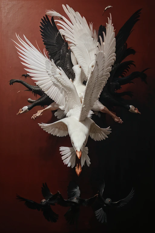 A white swan is surrounded and fought by several black crows in the air. Many feathers are knocked off on a red background. Realistic oil painting.