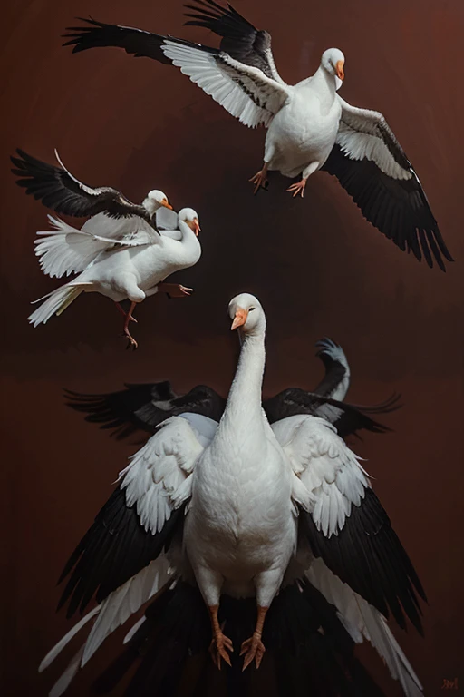 A white swan is surrounded and fought by several black crows in the air. Many feathers are knocked off on a red background. Realistic oil painting.