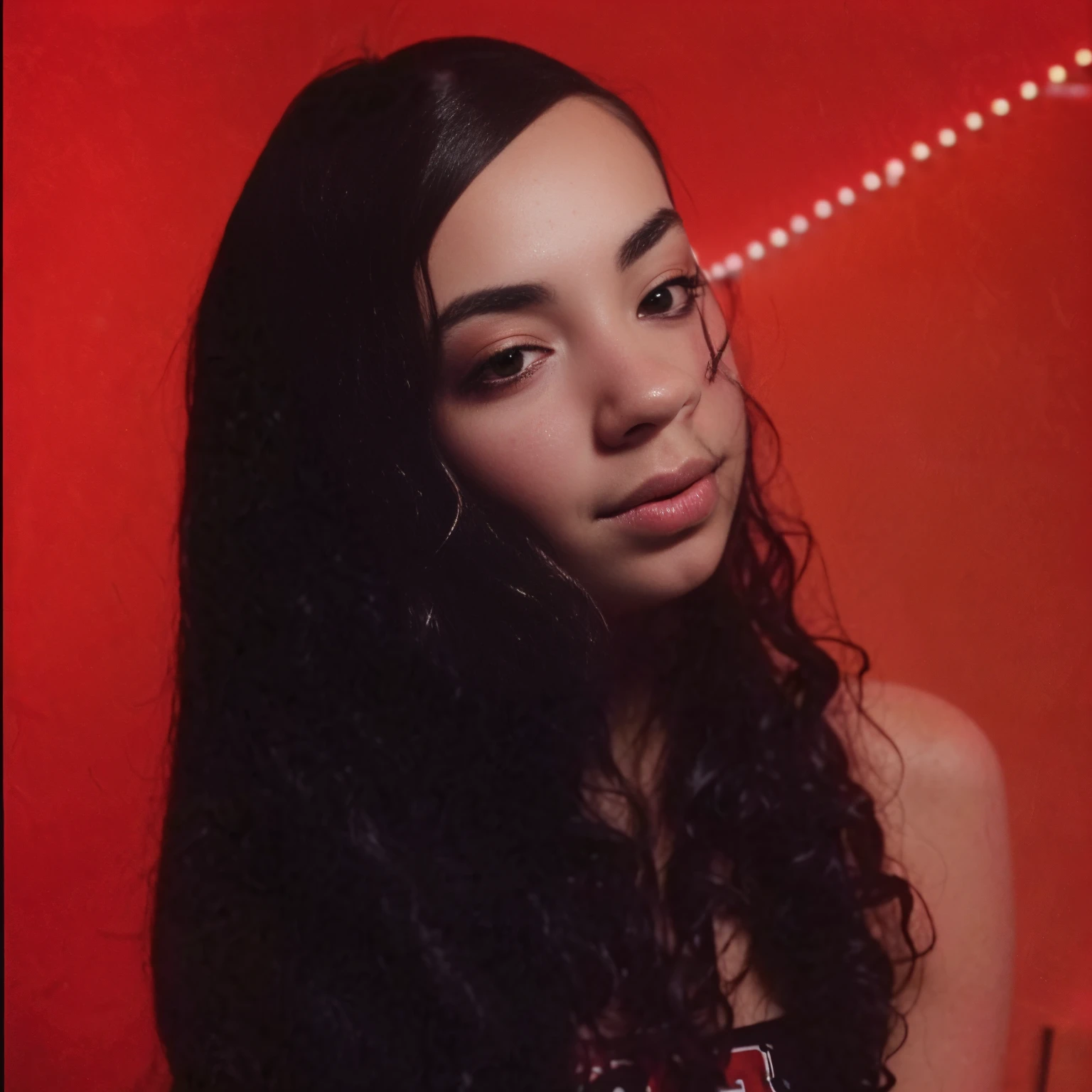 There's a woman with long hair holding a cell phone, Retrato Sophie Mudd, Poarch bonito, Charli Bowater, with red haze, tiradas no final dos anos 2000, Album art, tiradas em meados dos anos 2000, imagem de qualidade muito baixa, tiradas nos anos 2000, Charli XCX |, no fundo vermelho