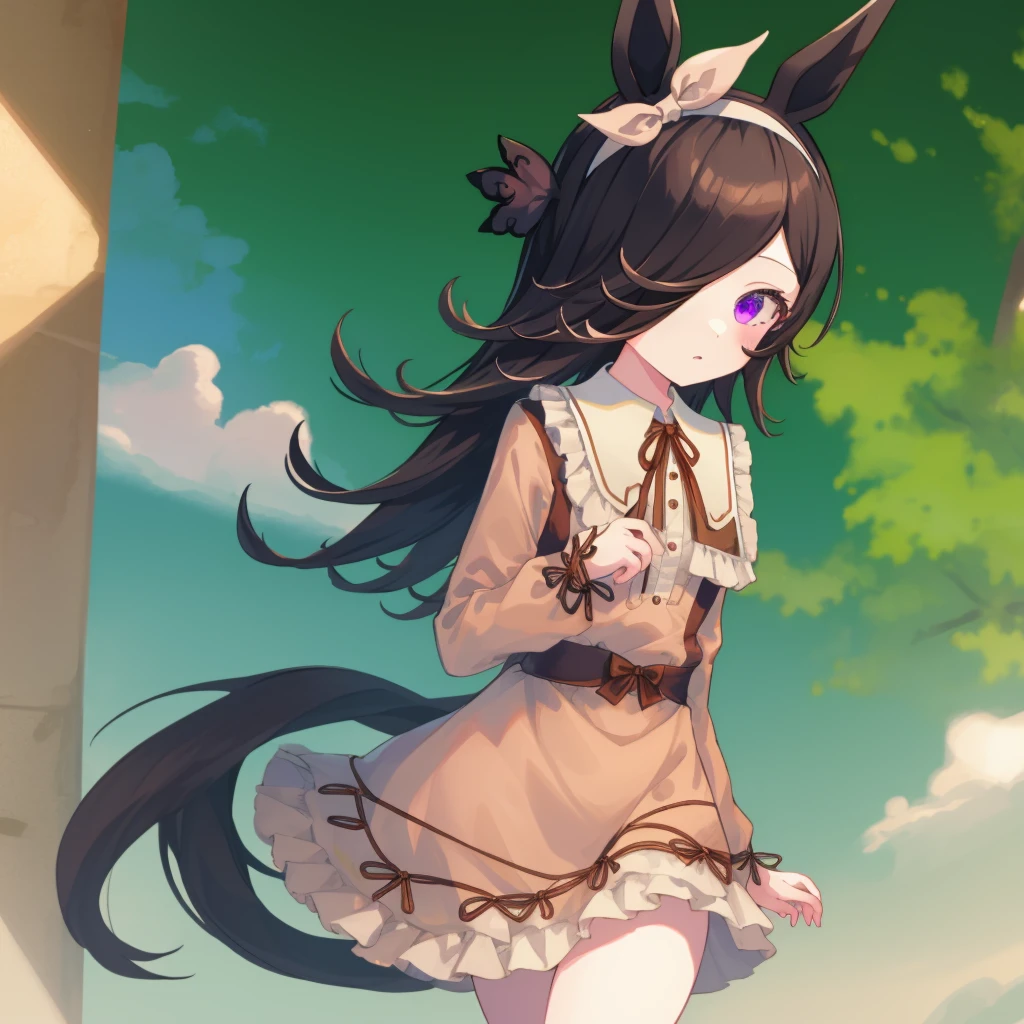 masterpiece,high quality,best quality,16k,1girl,Rice Shower\(umamusume\),casual, hairband, hair ribbon, brown ribbon, long sleeves, collared dress, brown dress, frilled dress, frills, white socks, brown footwear, mary janes,