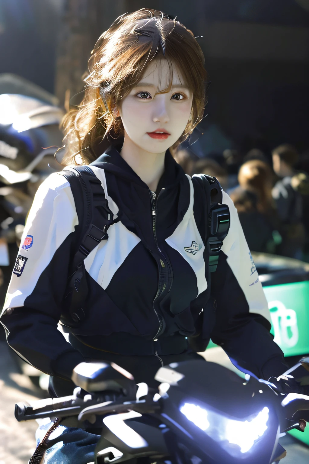 Highest image quality, outstanding details, ultra-high resolution, (realism: 1.4), the best illustration, favor details, highly condensed 1girl, with a delicate and beautiful face, dressed in a black and green mecha, wearing a mecha helmet, holding a directional controller, riding on a motorcycle, the background is a high-tech lighting scene of the future city. surreal illustration, surreal rendering, clean digital rendering, photo realistic rendering, surreal illustration