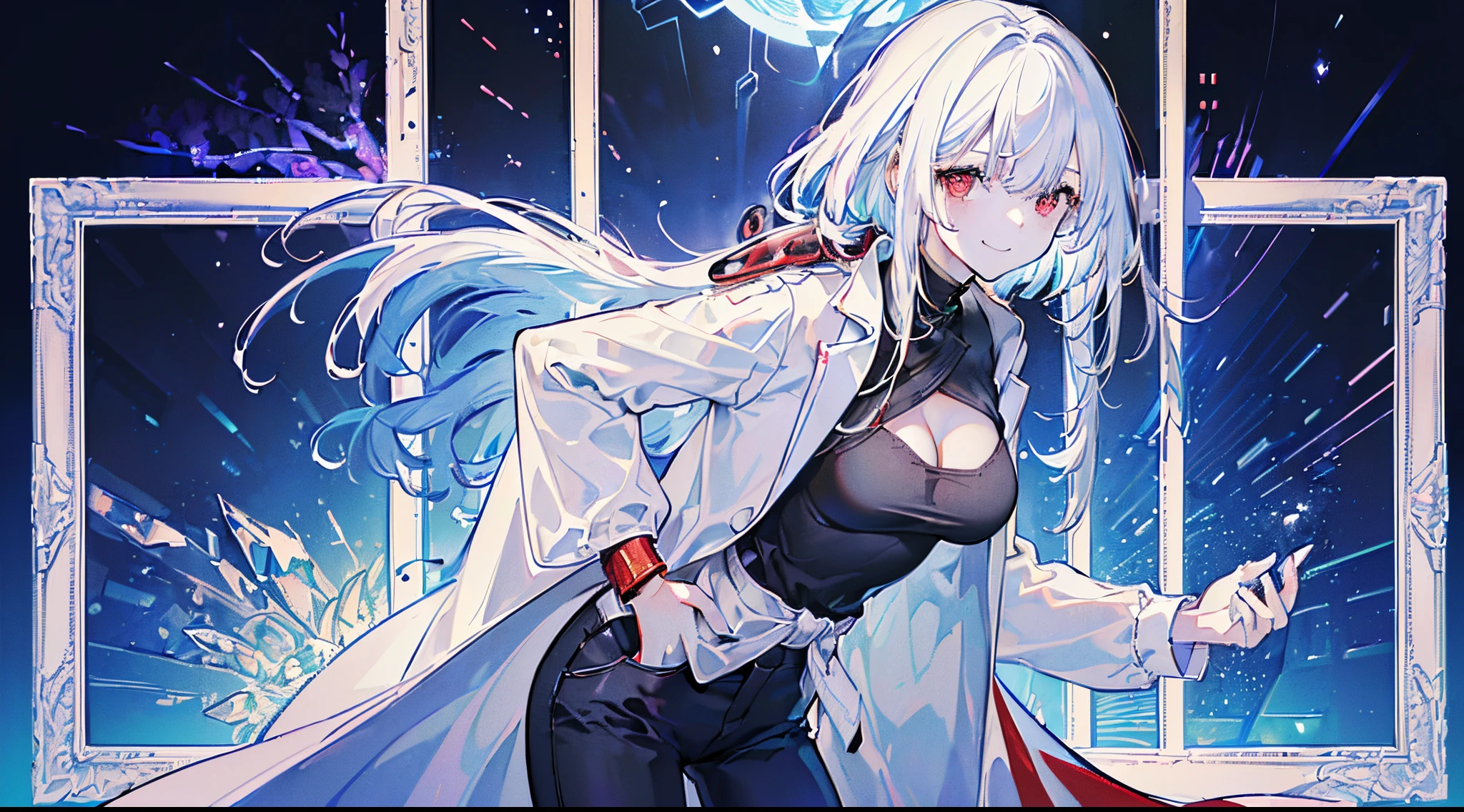 art by Cornflower, dream-like
(flat colour, (tmasterpiece:1.5), (Best quality at best:1.5), Amazing Cleavage, Beautifully meticulous, very detailed wallpaper, extremely detaild的 CG unified 8k wallpapers, Extremely Delicately Beautiful, Meticulous, very detailed wallpaper, fanciful, offcial art, detailedbackground, (Beautiful detailed shading: 1.5, 电影灯光, The light from the back window is backlighted), [((Symmetrical geometry, scientific fiction: 1.5, Vacuum punk: 1.5, 60s of the 20th century (styled): 1.5, artistic décor), (Control, Digital Tube: 1.8, makina, Plata, Metal pigments, electrical wires, vacuum tubes, Old computer, Simple screen))::0.75], [((Alone: 1.5), (1 girl), ( girl, cute big breasts, Extremely detailed eyes and face, Clear  eyes, Clear face, Medium to long white hair, red eyes, White lab coat: 1.5, Hands in your pockets: 1.5, black shirt: 1.5, Black pants, looking at viewert, light  smile: 1.3, Cut the torso: 1.8, mid closeup: 1.5, Waist Shot: 1.5), depth of fields): 0.25])