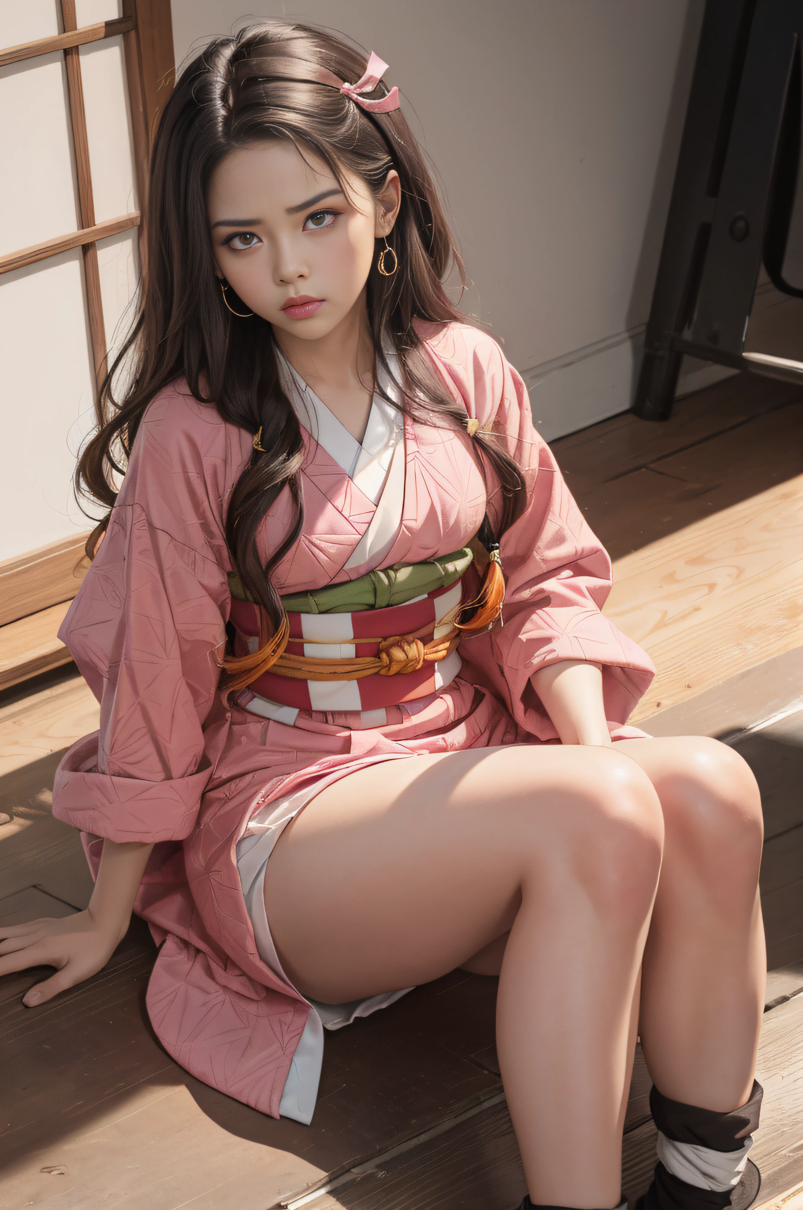 (masterpiece, best quality:1.4), (full body:1.5), (sitting:1.5), 1girl, solo, (european youth:1), , kamado nezuko, 1girl, bamboo, bit gag, brown hair, (checkered sash:1), gag, gagged, gradient hair, hair ribbon, (pink haori), japanese clothes, (black kimono:1.2), long hair, looking at viewer, multicolored hair, orange hair, (pink eyes:1.4), pink kimono, pink ribbon, ribbon, solo, beautiful face, highly detailed face, highly detailed skin, highly detailed eyes, skin pores, subsurface scattering, realistic pupils, medium breast, full face blush, full lips, detailed background, depth of field, volumetric lighting, sharp focus, absurdres, realistic proportions, good anatomy, (realistic, hyperrealistic:1.4), 16k hdr,