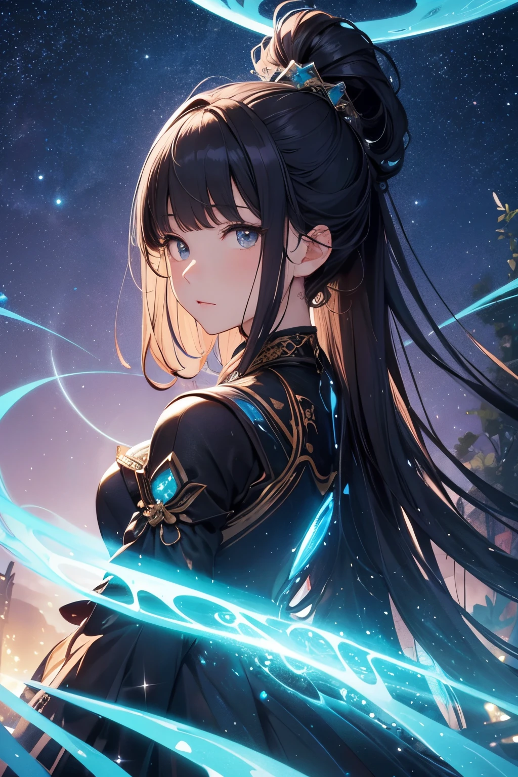 masterpiece、girl with((a beauty girl、high detailed dresses、has her hair tied up))、Background with((starrysky、Meteor swarm、black hole))、Huge fantastic tree、It's glowing.、plants、城市、heavy wind
