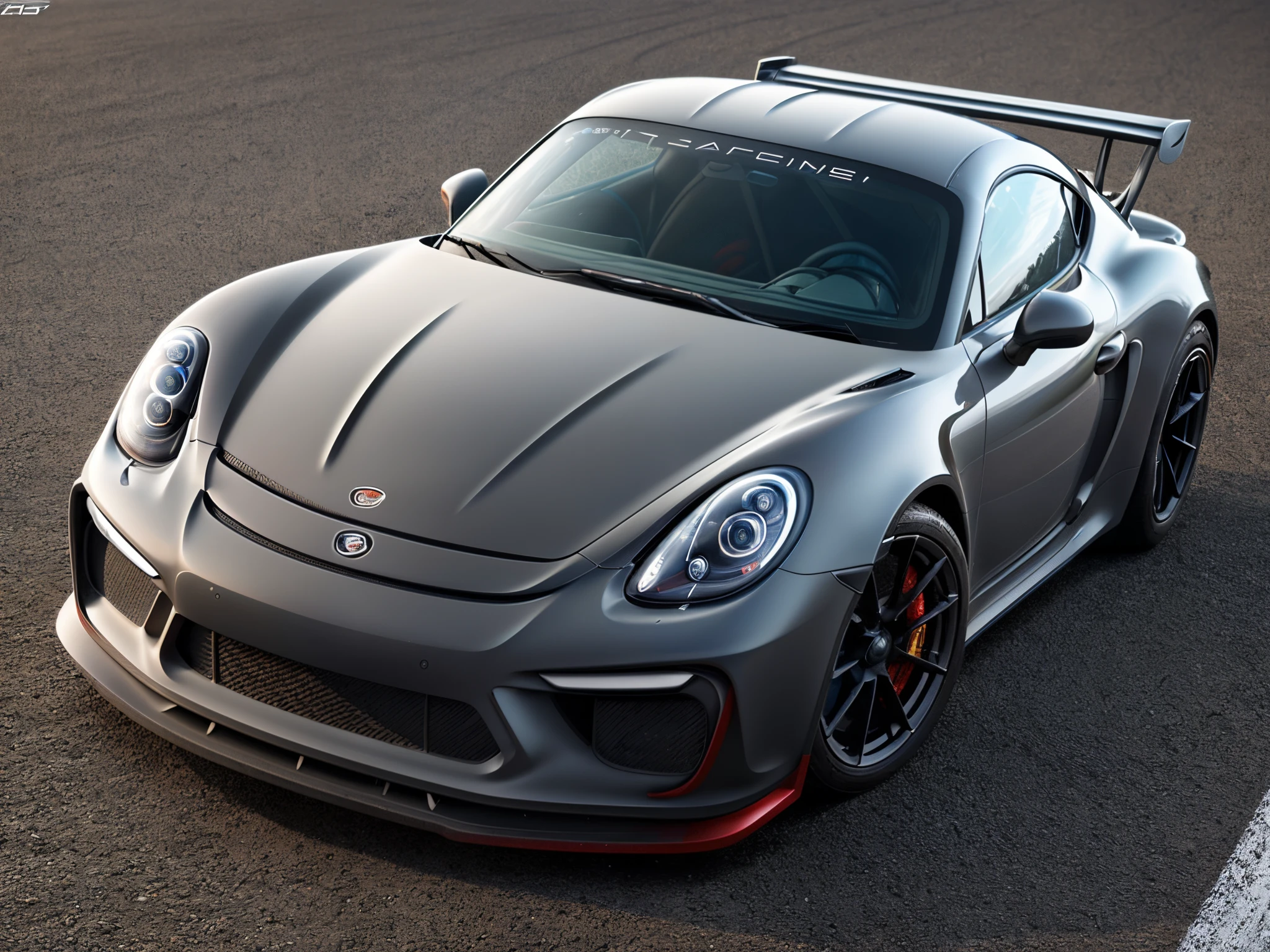 (Ultra-photorealistic quality)、Ultra-fine painted surface、masuter piece,8k wallpaper,nffsw,Ultra-high image quality,light and shadow effect 、((Dark Grey Cayman GT4 RS 1Car)), ・Gran Turismo logo decal at wind window、Front bonnet is wet carbon、Car height 5cmLow vehicle height w...
