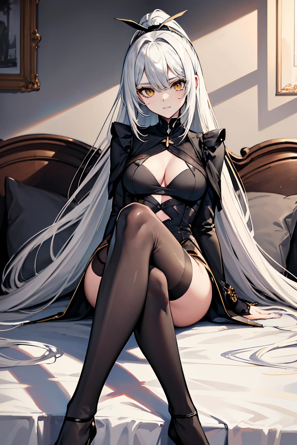 , mediuml breasts, cabelos preto e longos， 黑The eye，Pale yellow coat，Indoors, , ！Ray traching，The best shadow，（Wears a high ponytail）Restlessness in the bedroom，Avoid dark circles，，Show sophistication, Slender figure and graceful curves，The limbs are positioned correctly and reasonably！sit on a bed，exquisite facial features！Pay attention to the details of the leg position！Pay attention to finger details！ high high quality！more qualified！Reduce errors！super-detailed CG，