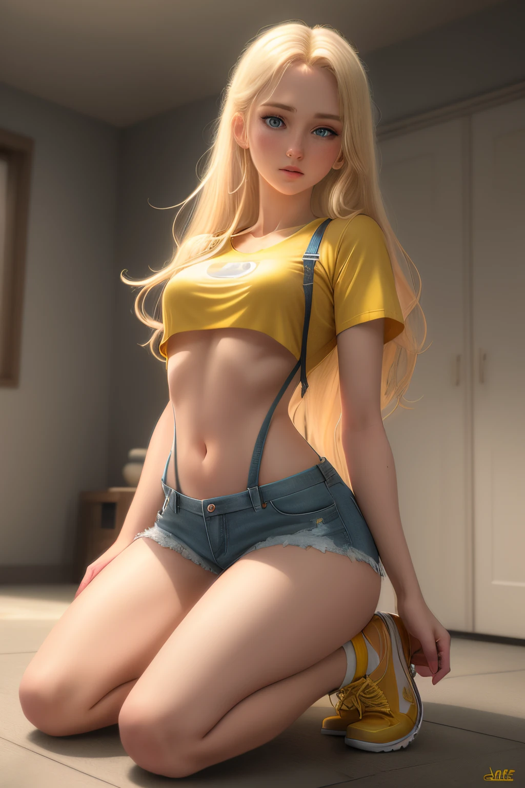 close up 1girl in, ager, Solo, Aesthetic artwork, blond, straight blonde hair, super long blonde hair, light blue eyes, some small freckles, pale skin, A-cup, small breasts, runners body, (thin hips, thin waist: 1.25), detailed skin, neutral face, parted lips, (action shot, kneeling:1.3), arched back, side profile, Misty from pokemon, (yellow crop top, yellow t-shirt, yellow: 1.25), (short shorts. Blue jeans ripped), (thick red suspenders, red: 1.15), (full body: 1.1), 24mm, 4k textures, soft cinematic light, RAW intricate, elegant, highly detailed, sharp focus, ((((cinematic look)))), soothing tones, insane details, intricate details, hyperdetailed, low contrast, soft cinematic light, dim colors, exposure blend, hdr, faded