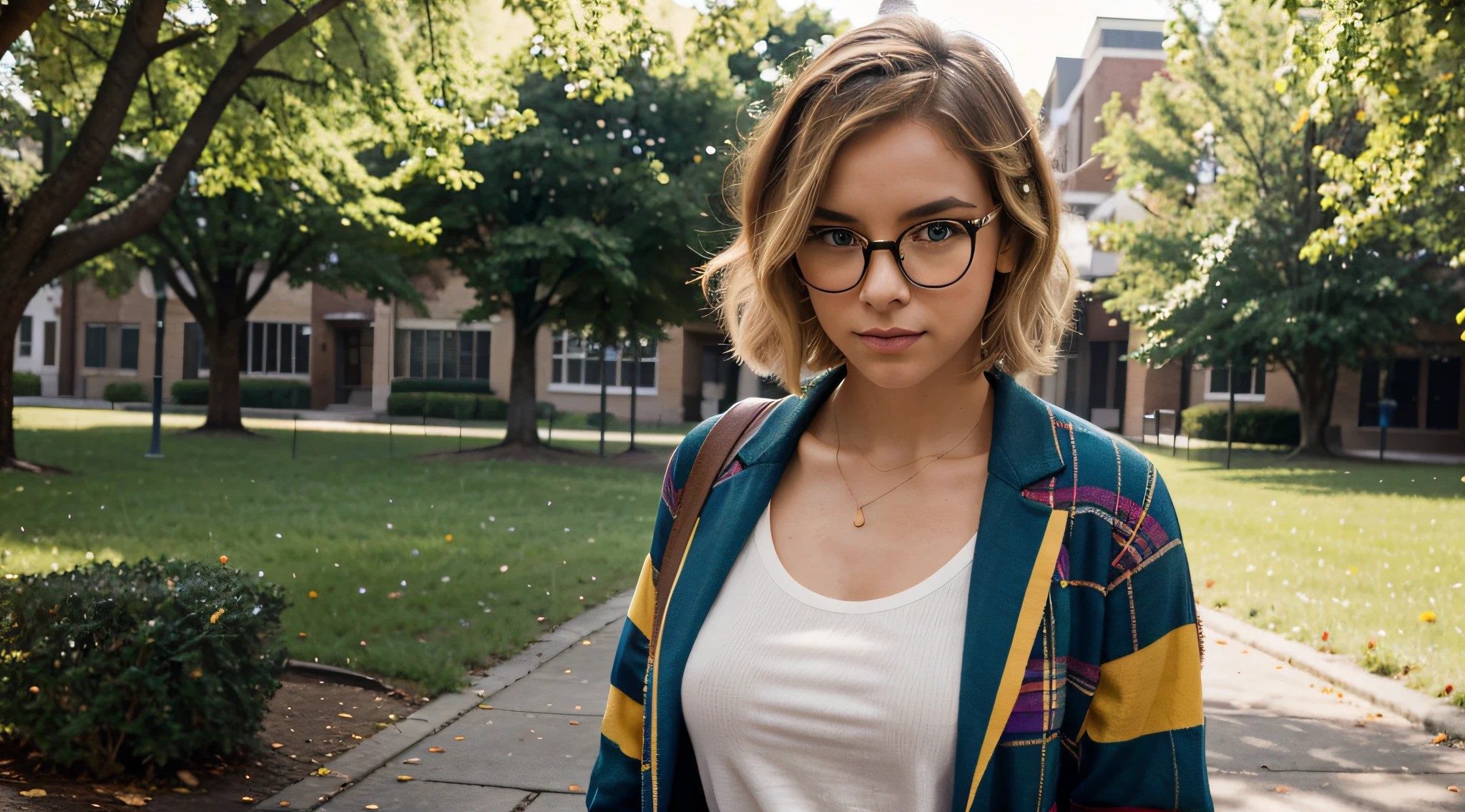 In the soft glow of a sunlit afternoon on the university campus, a confident and vibrant model with short, blonde hair adorned in the colors of the LGBTQI+ spectrum exudes individuality and pride. With fair skin and a pair of stylish glasses, she adds an intellectual touch to her expressive and colorful ensemble.

Dressed in a fashion-forward outfit, the model showcases her unique style. The sunlight bathes the campus in warmth, casting a gentle play of light and shadows on the surroundings. The camera adeptly captures the nuanced details of her appearance, highlighting the textures of her clothing and the natural elements of the environment.

Her short, blonde hair is a canvas for a playful display of LGBTQI+ colors, creating a dynamic and eye-catching effect. The colors are carefully woven into the hair, symbolizing inclusivity and diversity. The glasses add a touch of sophistication, complementing the overall look.

Facial features are carefully portrayed, capturing the essence of a confident and expressive demeanor. The glasses enhance the model's intellectual appeal, while her engaging gaze adds depth and personality to the scene.

The camera angles offer various perspectives, capturing the model in motion as she navigates through the campus scenery. The vibrant colors in her hair stand out against the greenery, creating a visually stunning and celebratory display of individuality and pride.

This detailed image prompt aims to celebrate the radiant diversity and unique style of a model with short, blonde hair adorned in LGBTQI+ colors, wearing glasses and confidently embracing her identity on the university campus.
