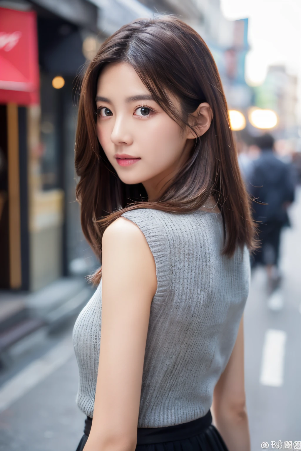A woman in a gray top and black skirt standing on a street - SeaArt AI
