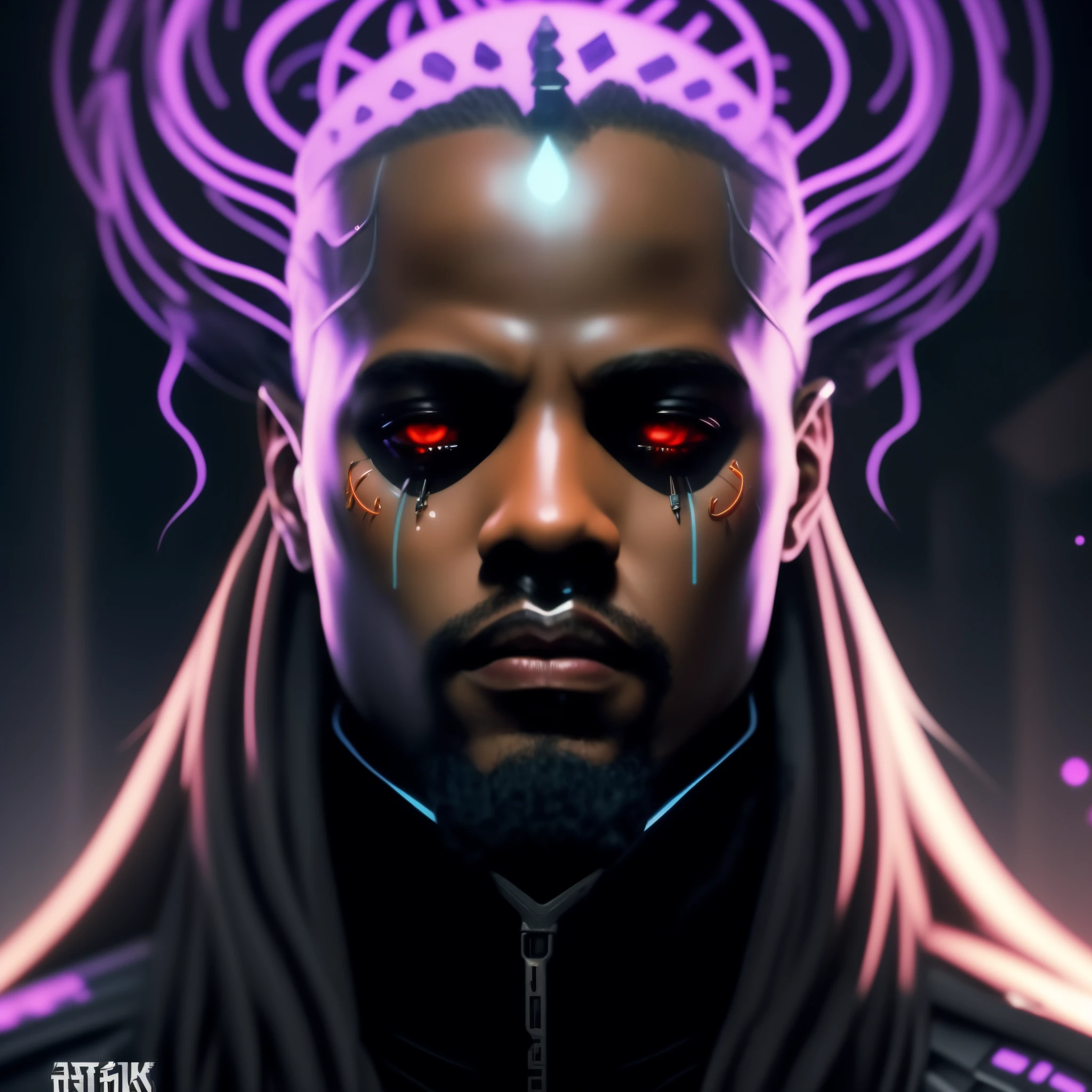 a close up of a man with a crown on his head, Feiticeiros Cyberpunk Africanos, estilo de arte cyberpunk, Ross | afrofuturismo, retrato cyberpunk, arte do personagem cyberpunk, personagem cyberpunk, afrofuturismo, Retrato de um homem cyberpunk, cara cyberpunk, cyberpunk illustration, design de personagens cyberpunk, dark cyberpunk illustration, pintura digital cyberpunk, cyberpunk themed art, vodu cyberpunk, no estilo cyberpunk