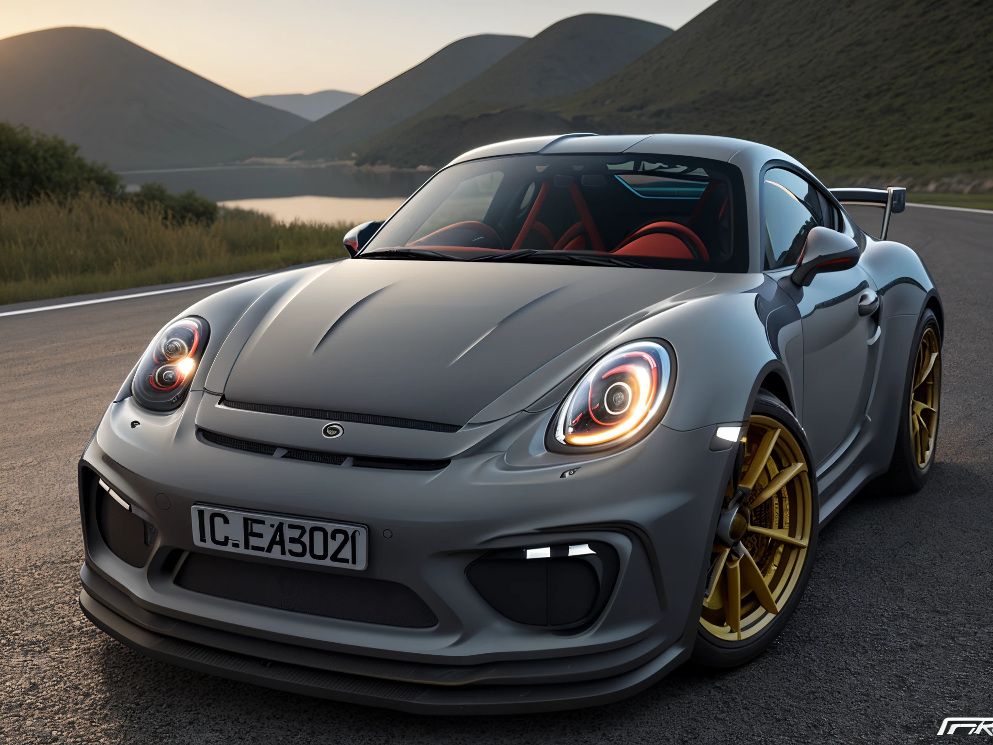 (Ultra-photorealistic quality)、Ultra-fine painted surface、masuter piece,8k wallpaper,nffsw,Ultra-high image quality,light and shadow effect 、((Dark Grey Cayman GT4 RS 1Car)), ・Gran Turismo logo decal at wind window、Front bonnet is wet carbon、Car height 5cmLow vehicle height w...