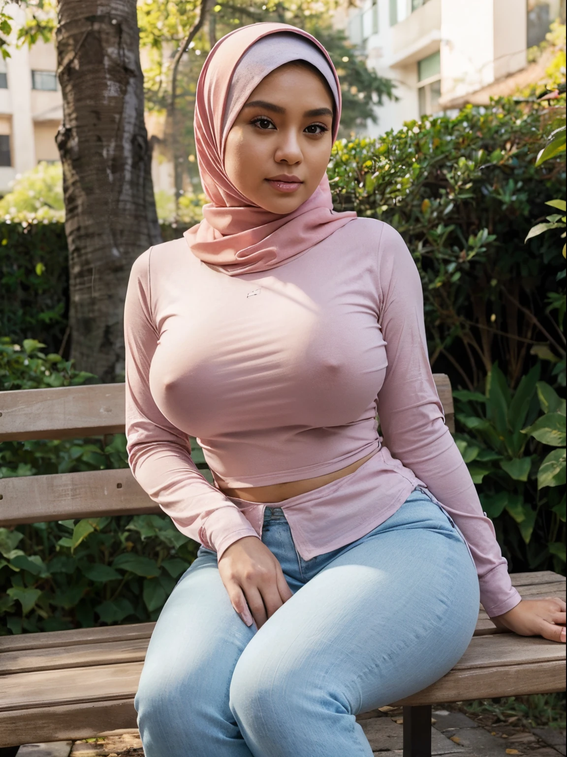 RAW, Best quality, high resolution, masterpiece: 1.3), beautiful Malay woman in hijab, Masterpiece, perfect slim fit body, (big breasts), big gorgeous eyes, Soft smile, wear a pastel loose long sleeve shirt and a tight jeans legging, thick thighs, sitting on bench with seducing pose, hans lifting the shirt showing boobs, shairband, afternoon walk, City garden, soft lighting, Bright colors, Clean lines