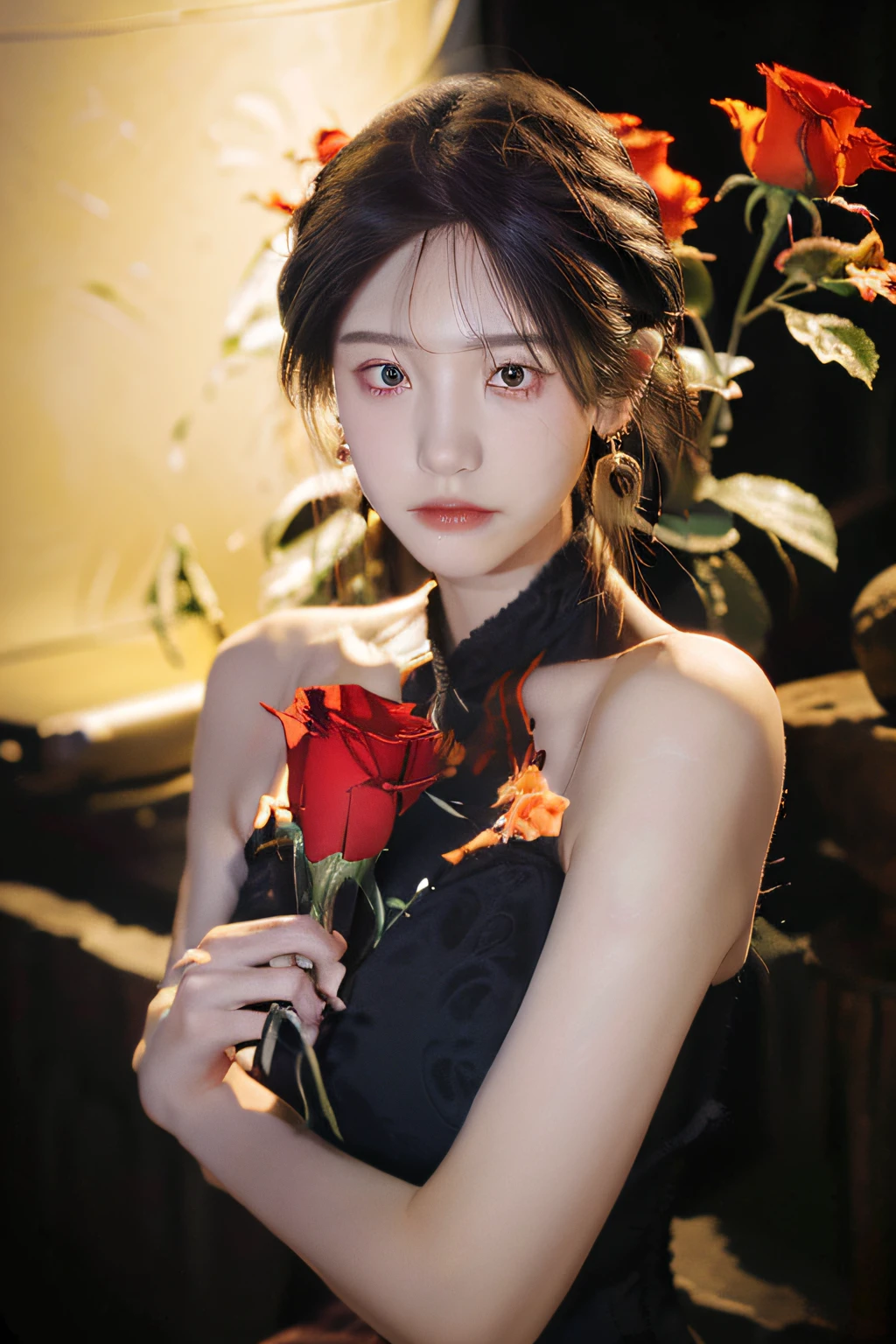 (best quality, masterpiece), (1girl, solo, black dress, standing , looking at viewer, white hair, red eyes, holding rose, closed mouth, upper body), (red dreamcatcher behind, red flower, )