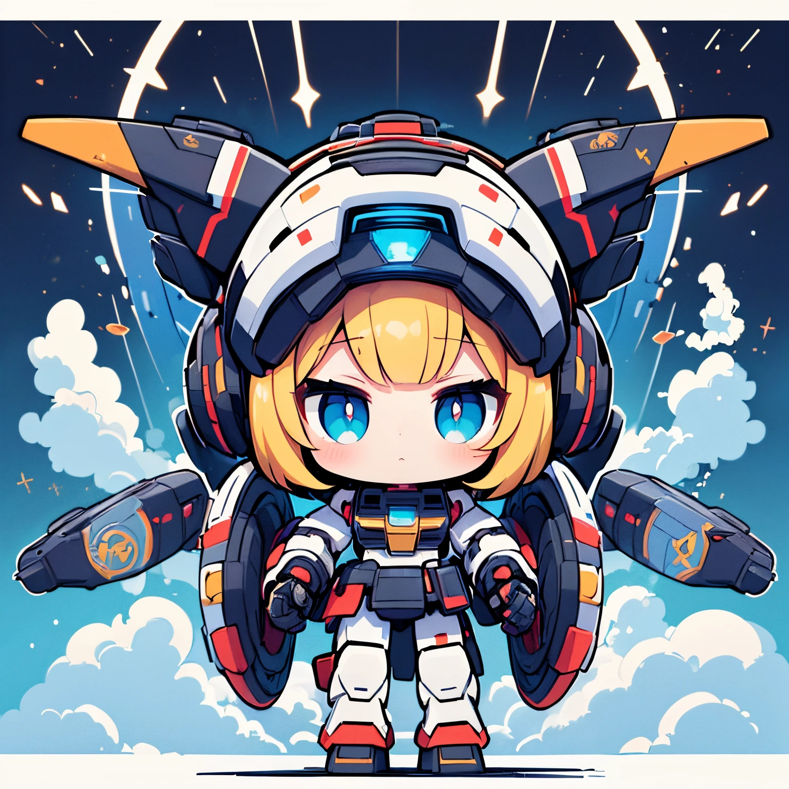 (masterpiece:1.5), (best quality:1.5),(high resolution:1.5),(beautiful pretty cute face:1.3),(beautiful detailed eyes:1.2), (Chibi character)、Gundam world view、Cute、Cyborg girl、Machine body、Holds a beam rifle in both hands、in battle with enemy aircraft、dynamic ungle