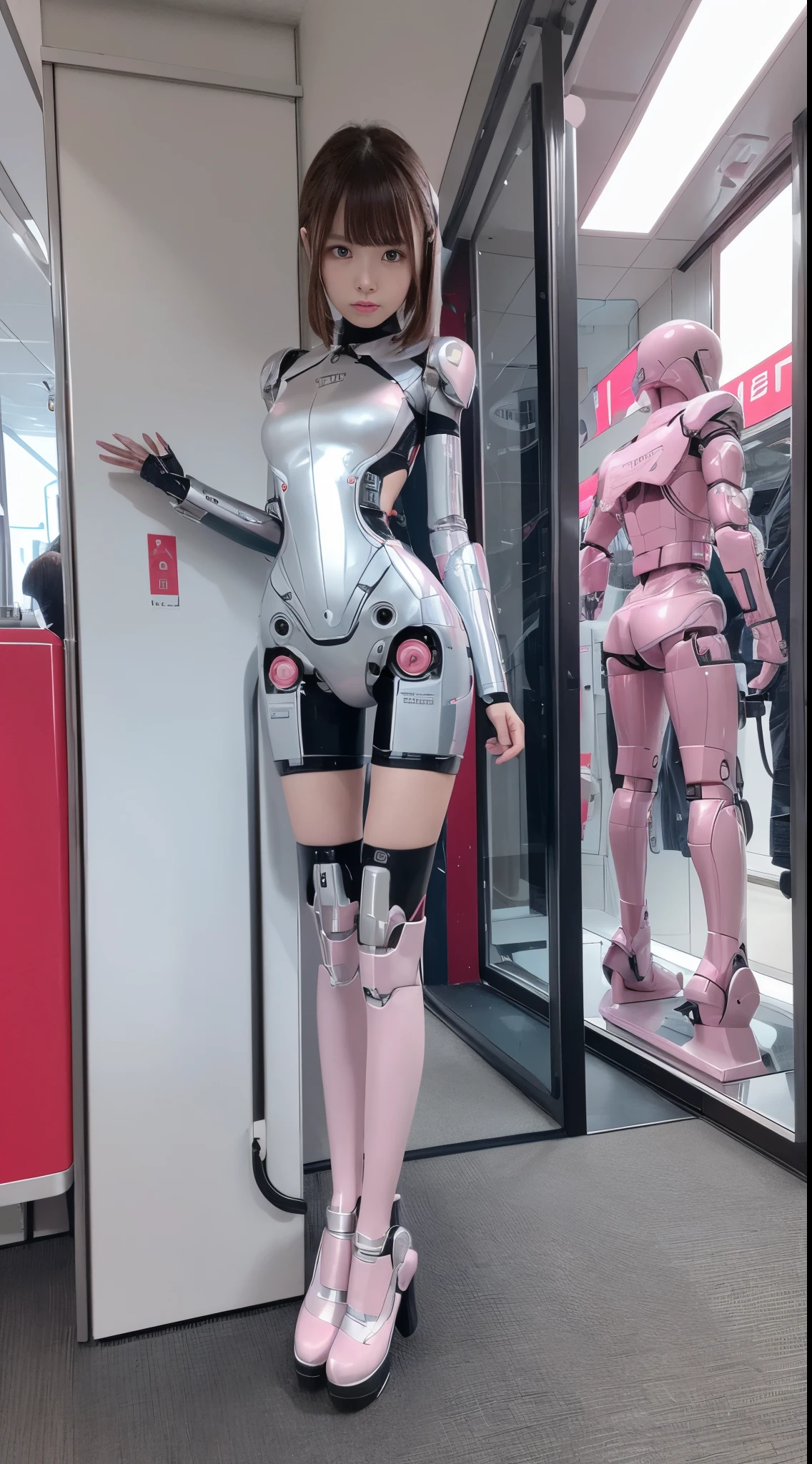 Robot Girl, pink there, Silver, Metallic body, Robot Parts, Metal Parts, Super Detailed Face, Super well-formed face, of the highest quality, a small face, a small head, Brown hair, Slender body, Camera gaze, Internal Mechanical Exposure, Idol, front facing, Well-proportioned body, sale, Exhibited, Event Hall, Moe Pose, Cabin attendant uniform Machine Armor, Standing with legs open, Model body type, sad, Embarrassing,(Perfect Robot Girl),(Perfect machine body)