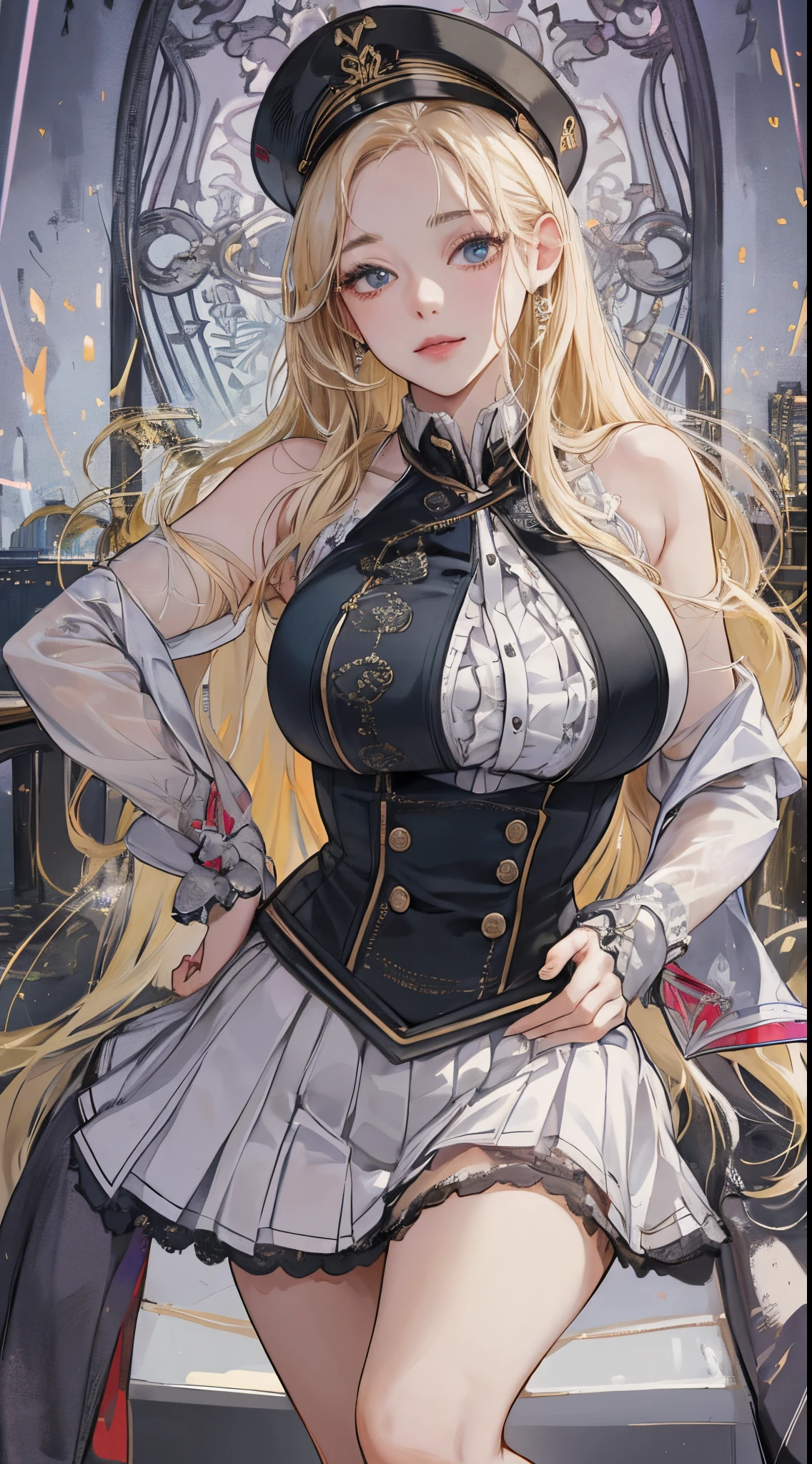 top-quality、realistic touch,high-detail、photoRealstic、High class、Long body、captive beauty、big eye、Strong platinum blonde eyelashes、platinum-blonde、full body Esbian、Sparkling eyes、Flushed cheeks、Kamimei、thin-waist、Voluptuous thighs、Enraptured look、Raked bangs、The forehead is protruding、sleeveless、a junior high school student in uniform、The skirt is very short、No cleavage exposed、Inside a classroom、 armband、Thighhighs、grinning face、Squint and smile、Braiding hair、slender and delicate body、Thin legs with no fat