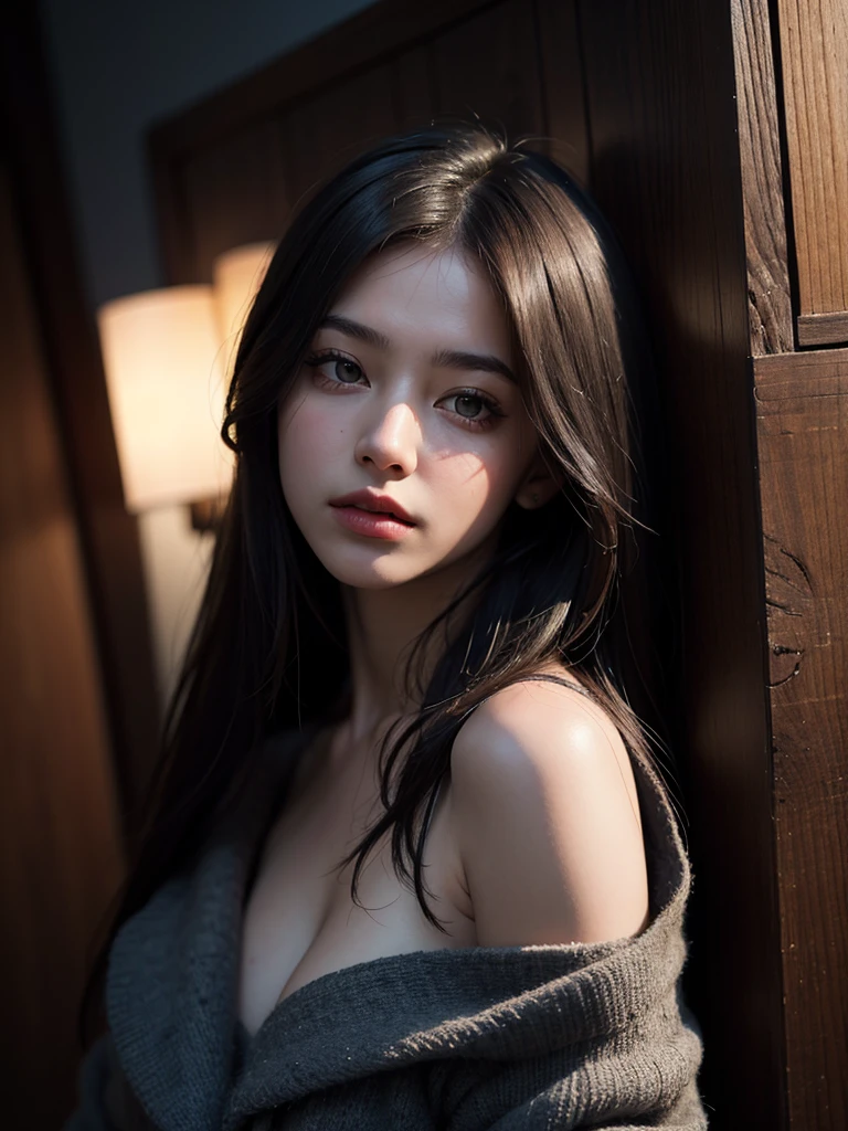 ultra high res, masterpiece, best quality, perfect glossy shiny skins, perfect lighting, detailed lighting, dramatic shadows, ray tracing, black sweater, looking at viewer, off shoulder, blue Eyes, sharp face, sharp eyes, Cyberpunk, long bangs, open mouse, ((Dark background))