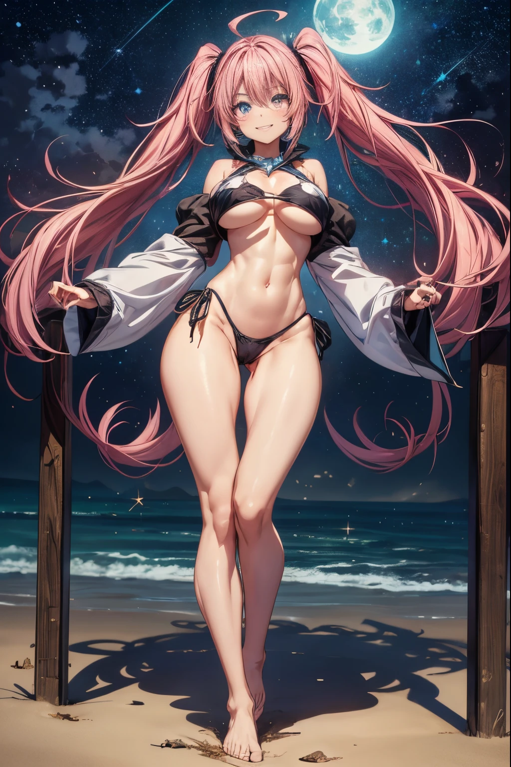 1 girl, (medium boobs))) (((big ass))), (mischievous smile), (showing teeth), (((wearing short bikini))), (long pink hair), (((eyes blue))), (on the beach at night with a starry sky and a moon full of blood), (slender), (thin waist), (butt only), legs (slim and muscular), muscular belly, bare feet, ((( full body photo))), (standing), showing her ass to the audience, twintails, sparkling eyes, eye reflection, sulking, anime, anime style, ray tracing, sparkle, drop shadow, panorama, Sony FE, 8k, UHD, masterpiece, accurate, anatomically correct, super detail, best quality, highres, HD, 16k