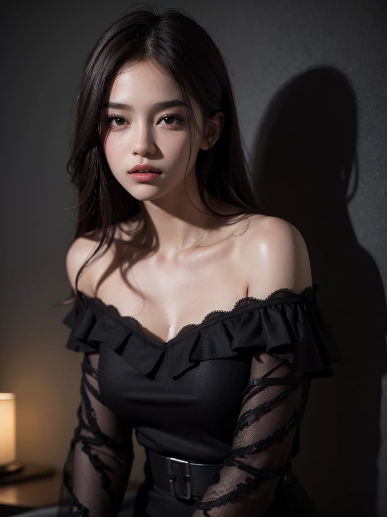 Best quality, masterpiece, ultra high res, (photorealistic:1.4), raw photo, 1girl, offshoulder, in the dark, deep shadow