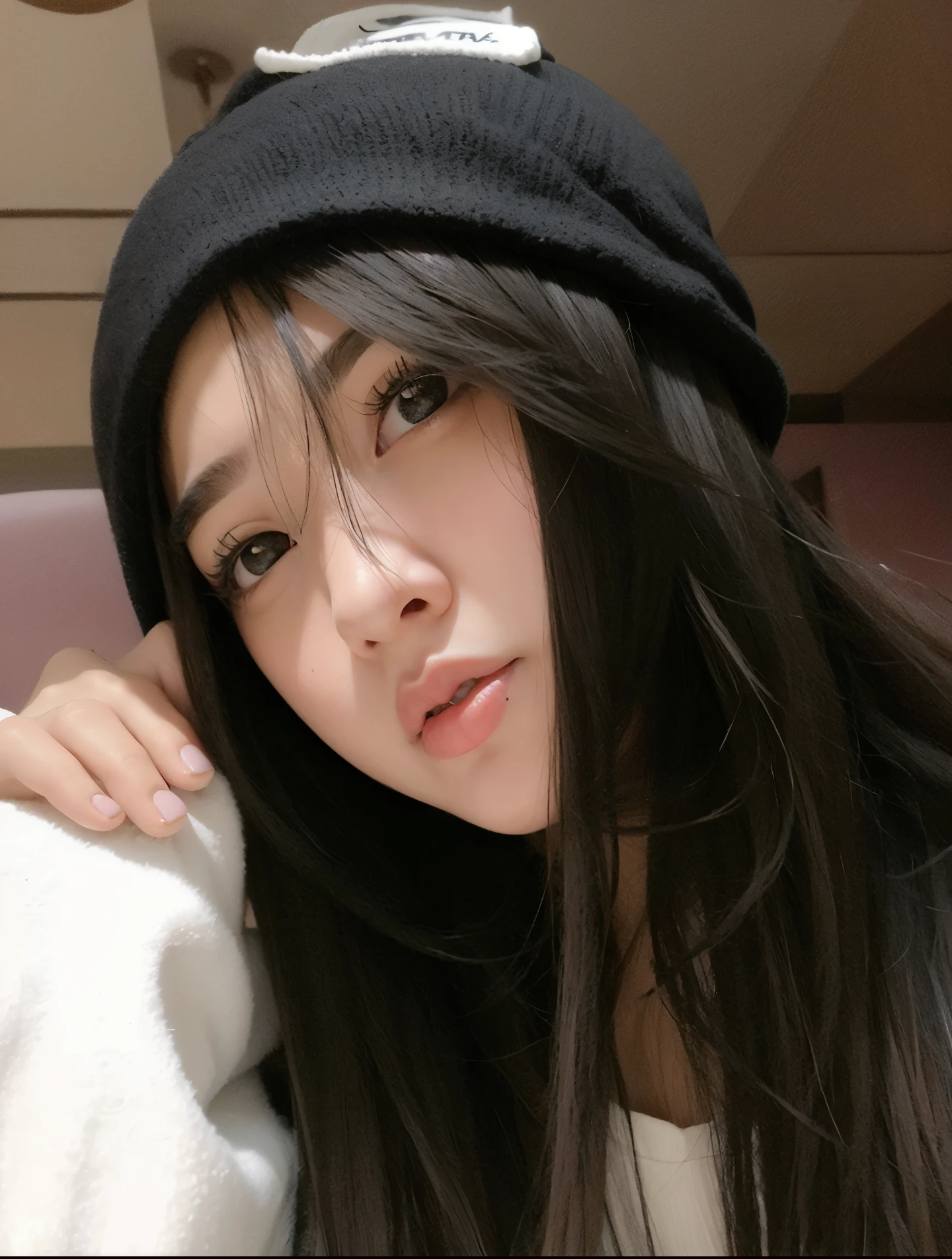 There is a woman with long black hair wearing a hat, Ulzzang, menina coreana, wan adorable korean face, menina bonito-fino-cara, Ela tem cabelo preto com franja, young adorable korean face, Sakimichan, Jinyoung Canela, young cute wan asian face, com bonito - fino - rosto, 19-year-old girl