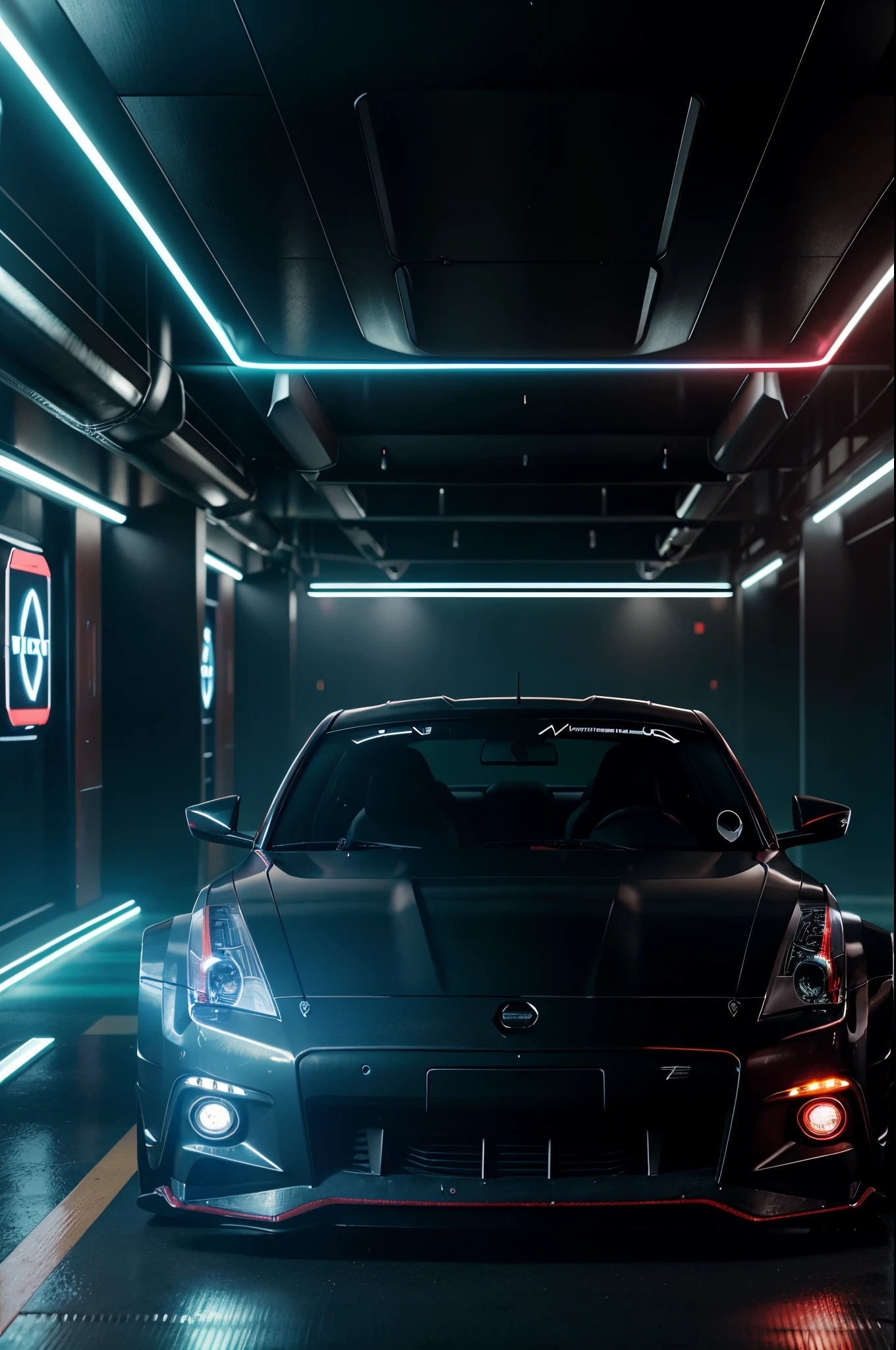 Exotic nissan 350z sian cyberpunk, 4k, HDR, renderizado, obra-prima, ray tracing, Cyberpunk Scenario, carro preto, Batmobile, Neon light, deriva, carbono, futurista, Neon light, noite, cidade cyberpunk 2077