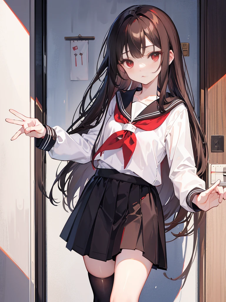 Long dark brown hair scattered around the waist，Brownish-red eyes，small loli，White skin of the，Loose hair，Dull hair，Sailor uniform uniform school uniform，black lence stockings，Standing at the door of the house as if about to go out，Goodbye gesture，Bye gesture，wave her hand