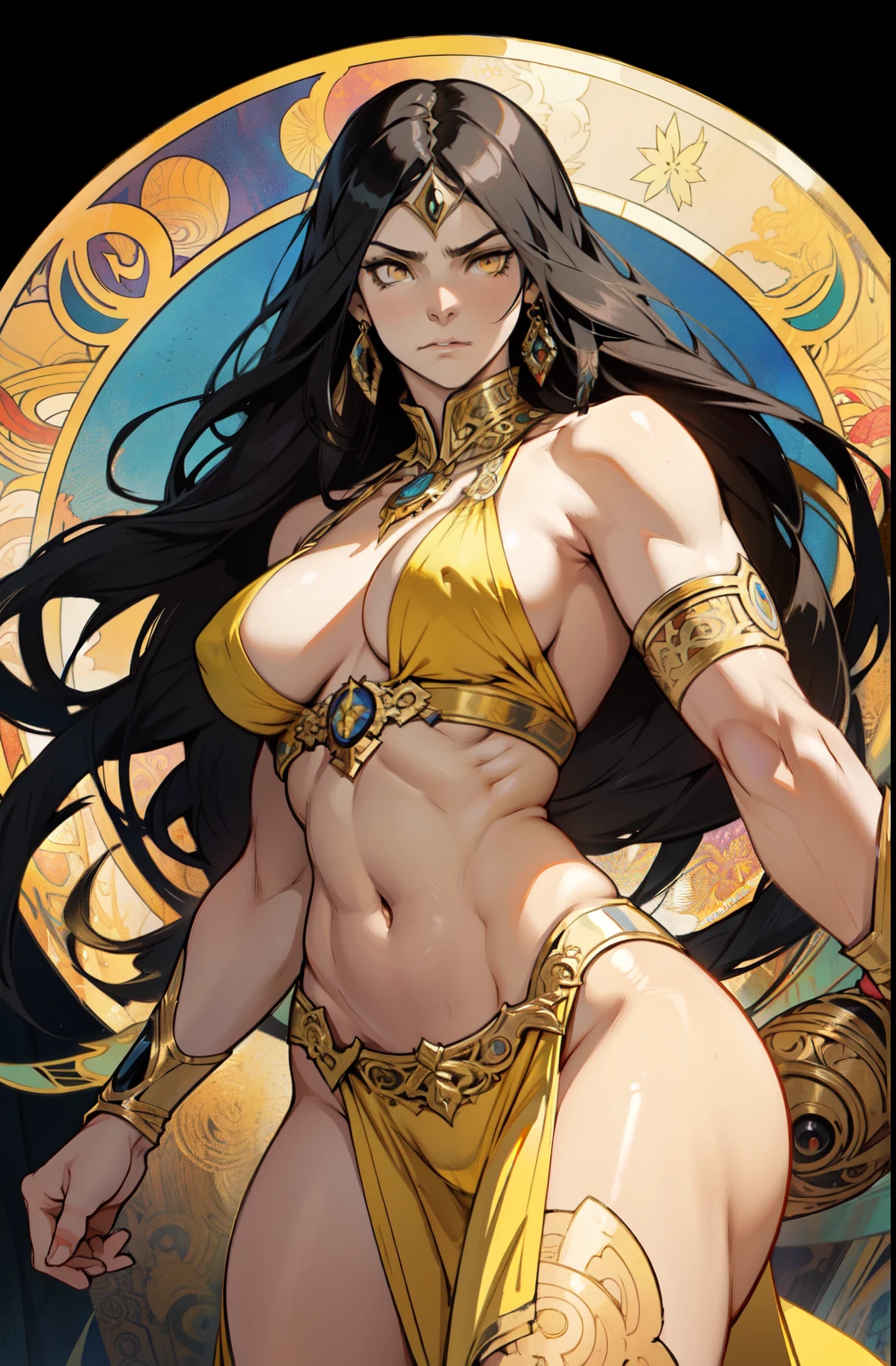 ((1 girl)) angry very long hair pale skin black hair yellow eyes ((muscular)) huge breasts by alfons mucha