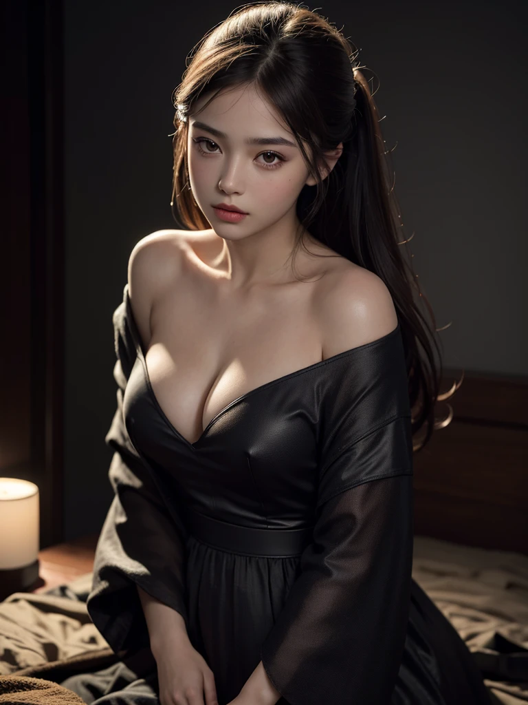 Best quality, masterpiece, ultra high res, (photorealistic:1.4), raw photo, 1girl, offshoulder, in the dark, deep shadow