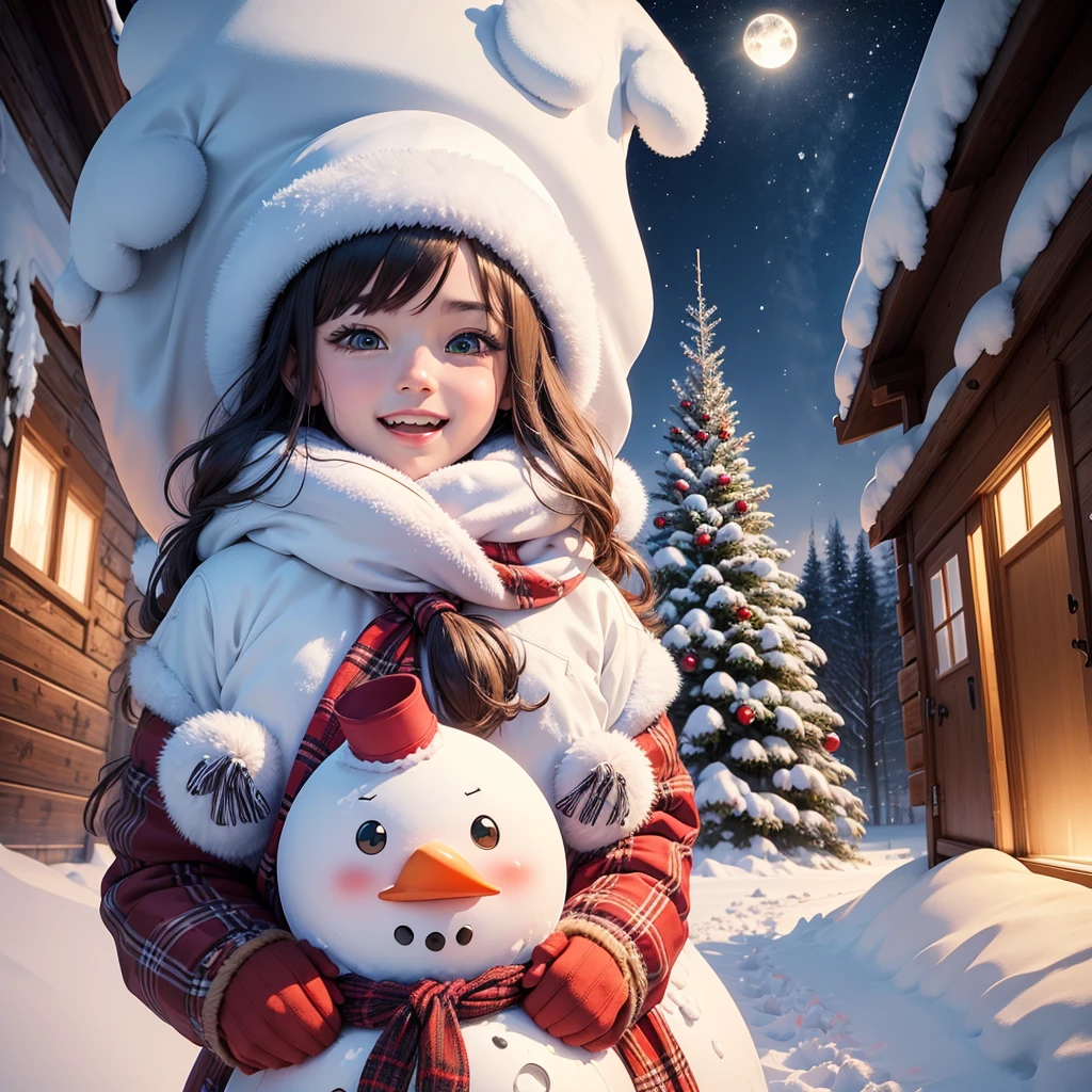 (tmasterpiece，Highest image quality，8k， anime illustrated)，at winter season， Snowy weather，a cheerful atmosphere，(Children building snowmen，down jacket)，Christmas tree，Warm and harmonious style，a joyful atmosphere，Behind is the cabin
