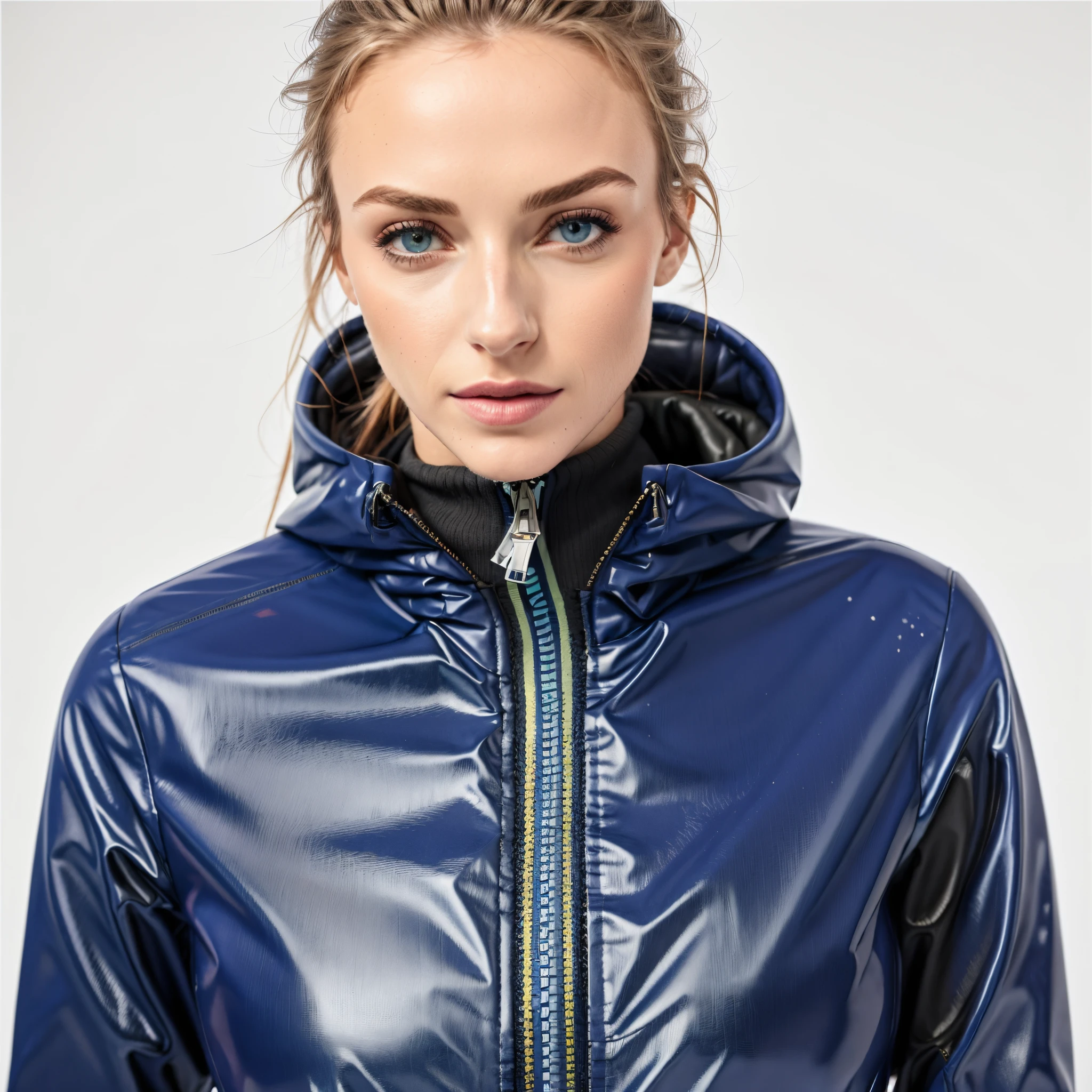 um close de uma mulher vestindo uma jaqueta azul com capuz, encapuzado, imagem de perfil, roupas esportivas, suit jacket, brilhante brilhante reflexivo, 2 0 2 0 moda, roupas esportivas, she is wearing a wet coat, jaqueta esportiva, Esposa, jaqueta curta, Jaqueta azul, 2 mulheres techwear, jaqueta azul harmonia, casaco longo fechado azul skintight, azul-marinho